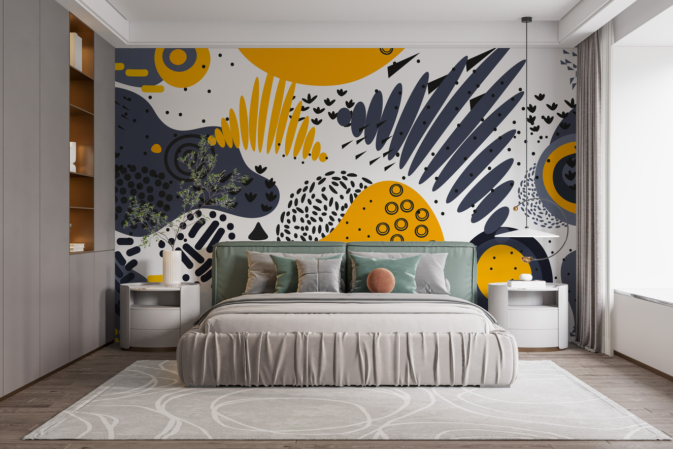 Yellow and gray abstract shapes mural
