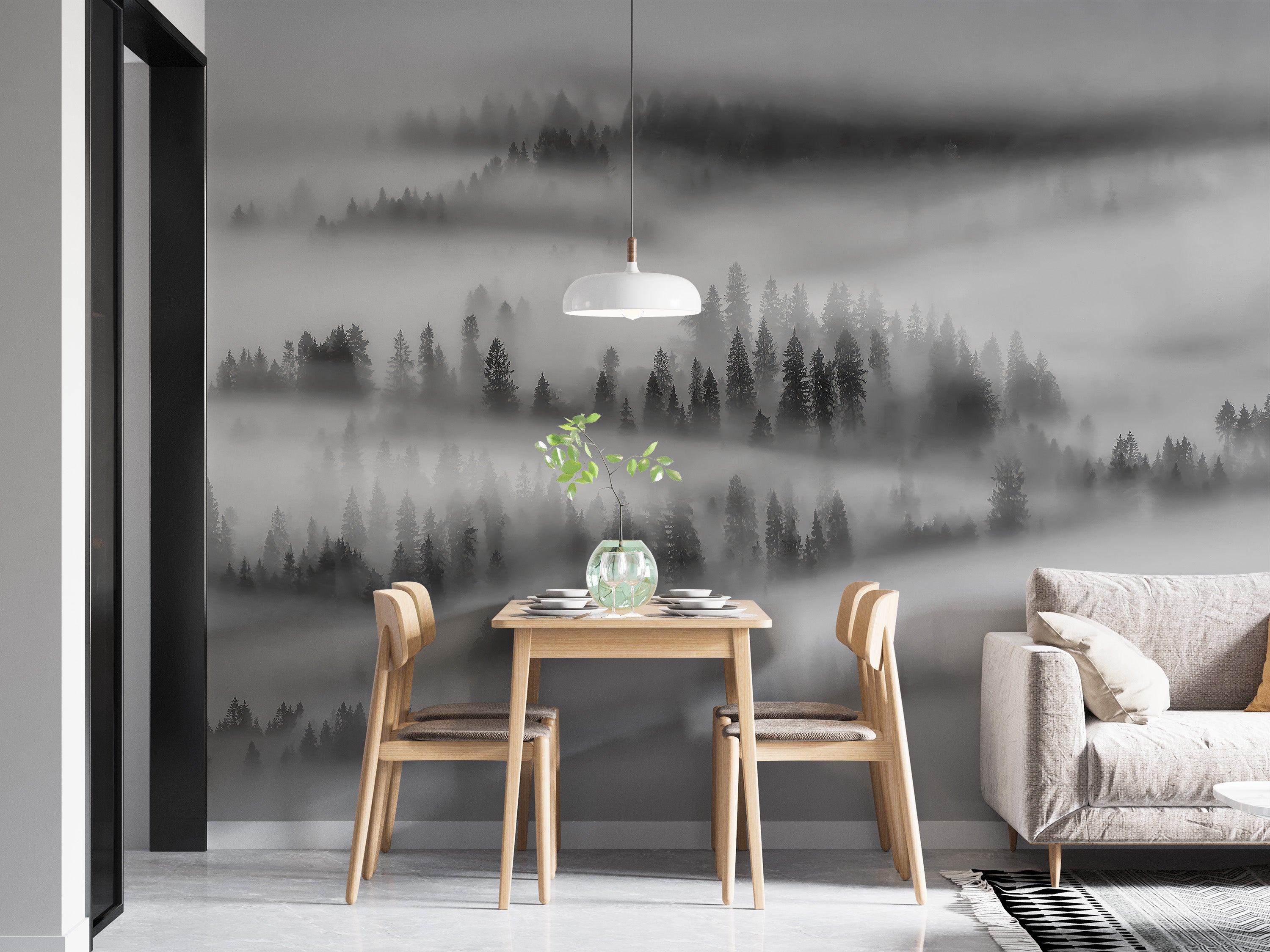 Peel and stick monochrome forest mural for walls