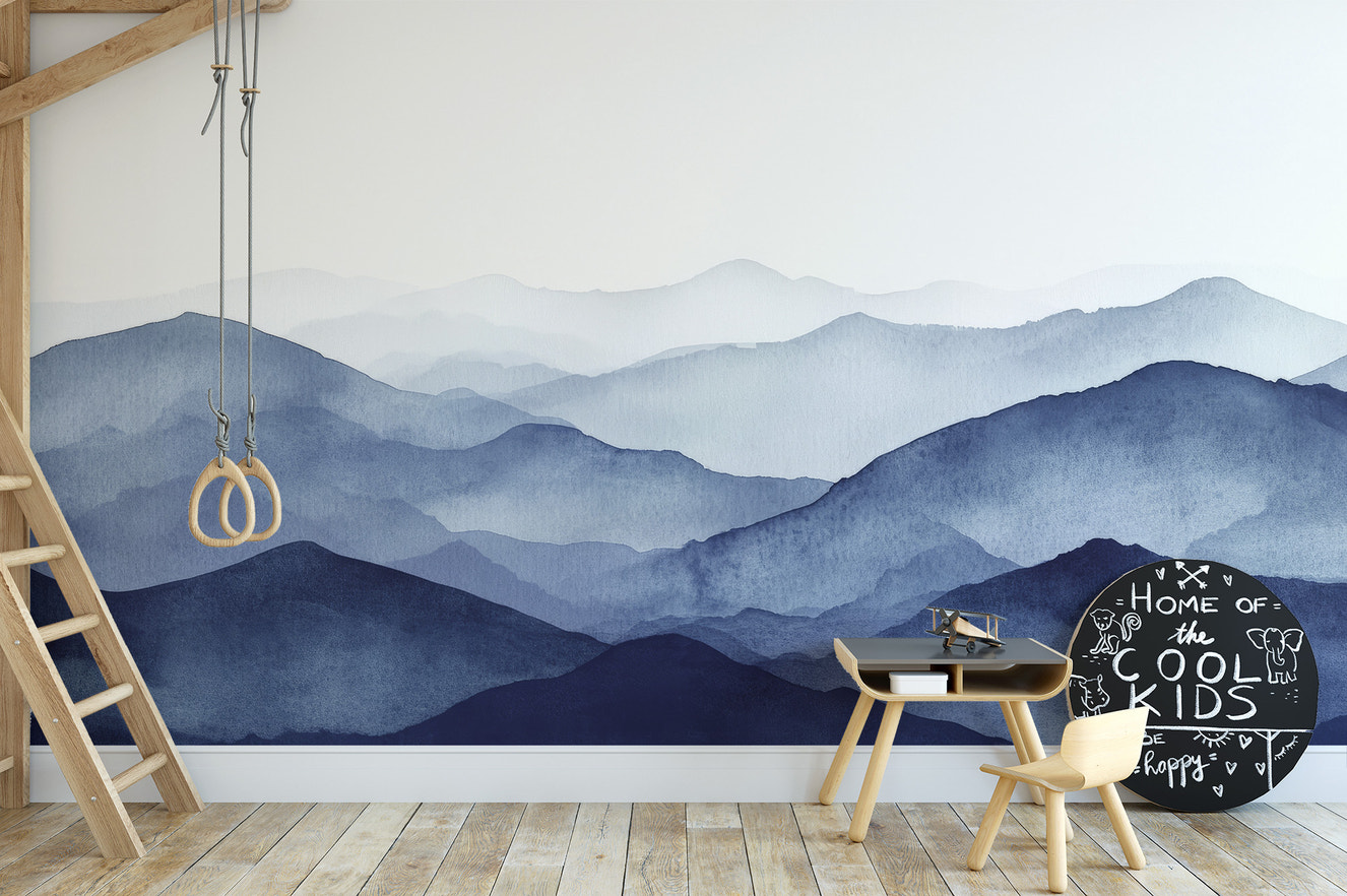 Serene misty blue mountains mural for calm spaces
