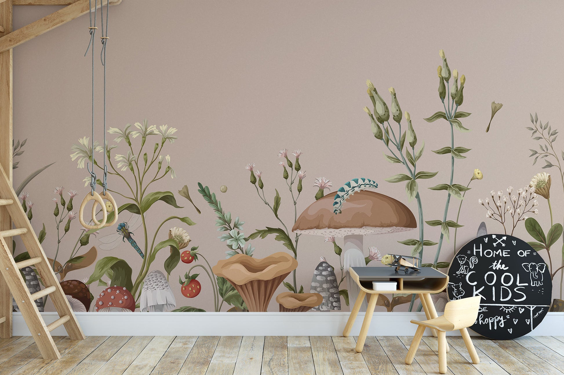 Vibrant mushroom garden wallpaper for playful room design
