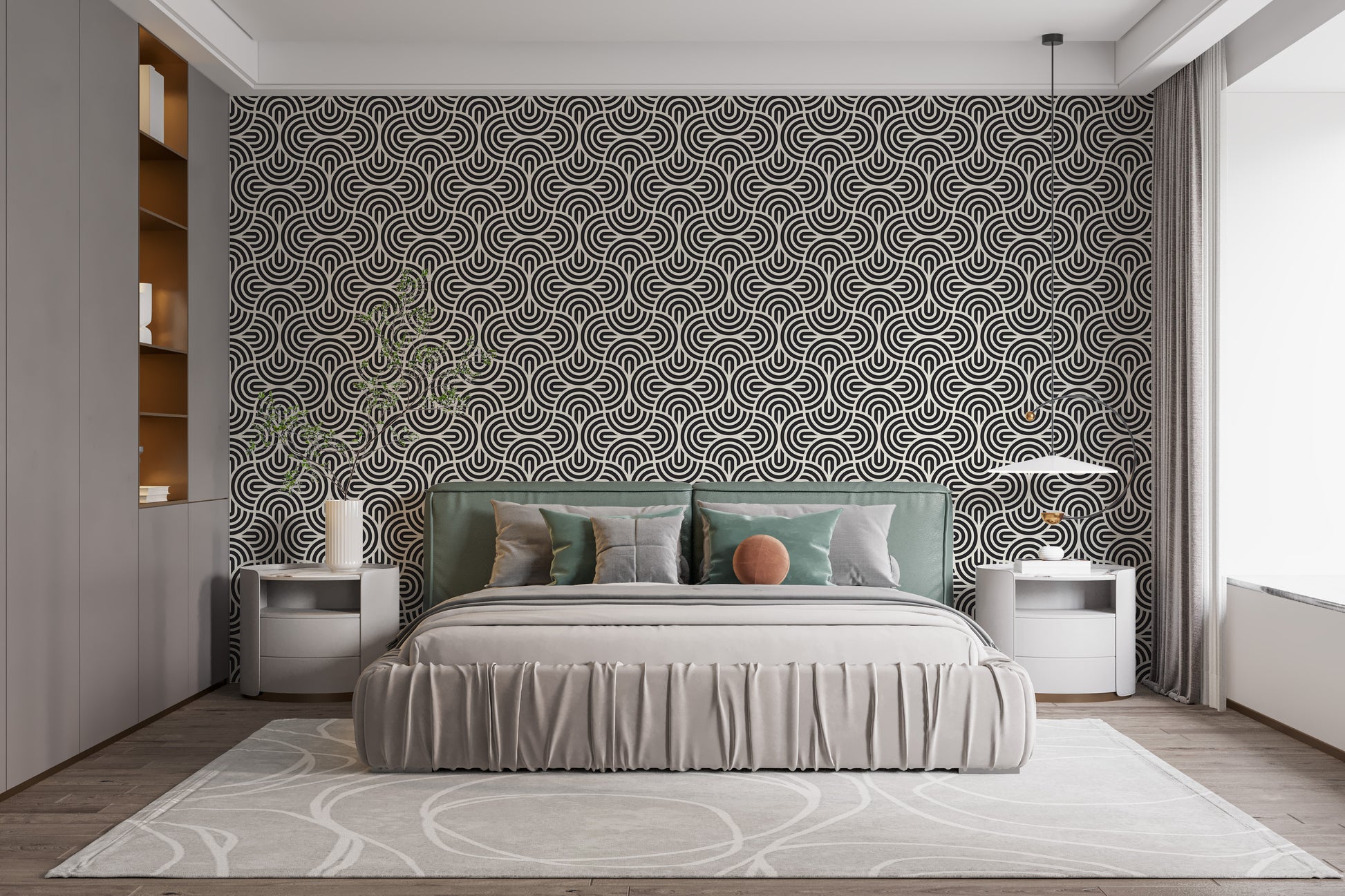 Chinese-inspired spiral wallpaper decor
