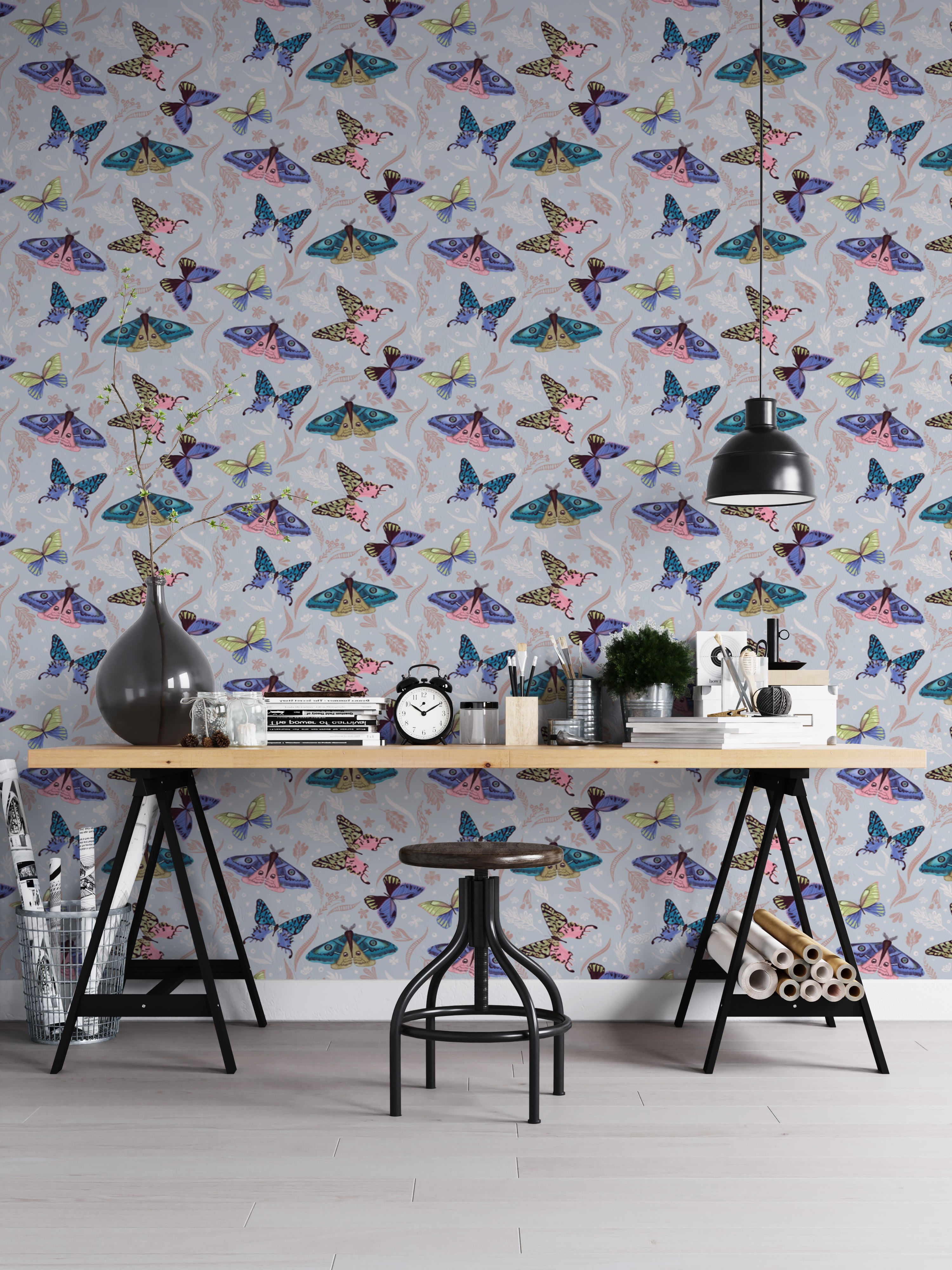 Colorful butterfly pattern mural for playful interiors
