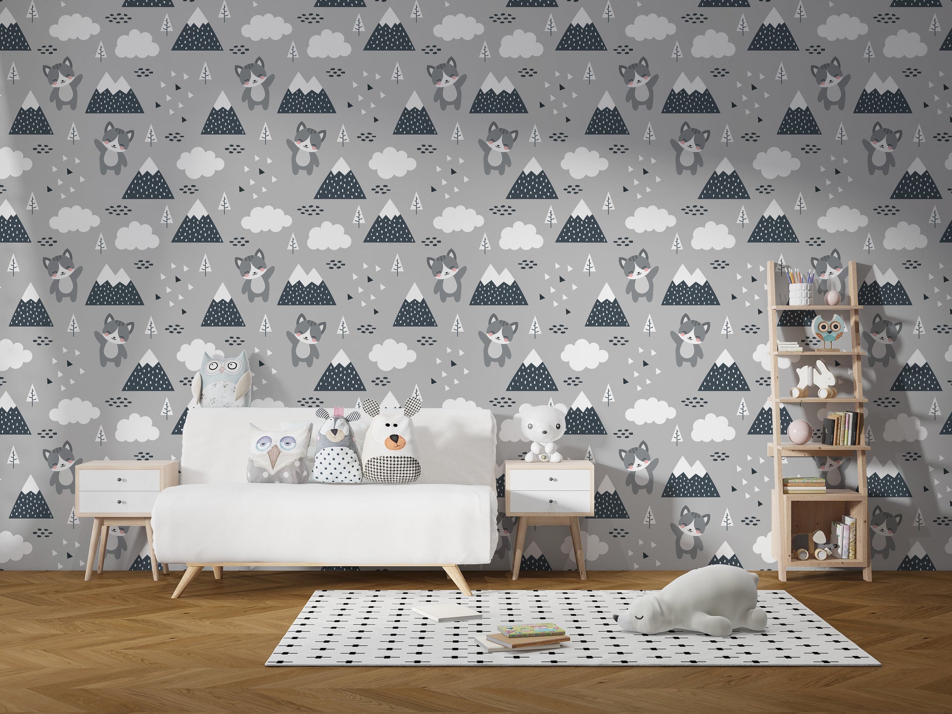 Scandinavian kitty mural wallpaper design
