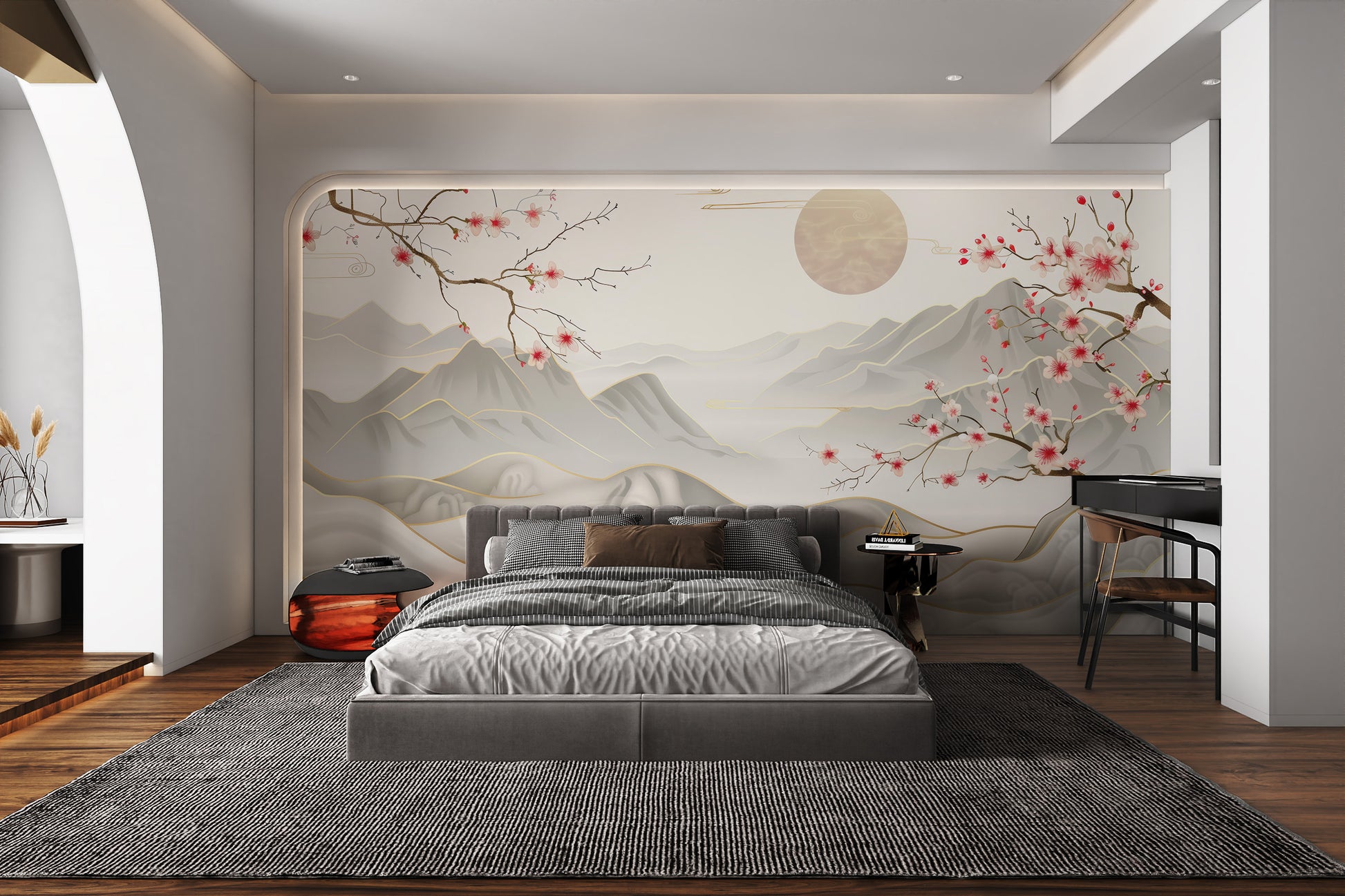 Cherry blossom landscape mural with gold accents
