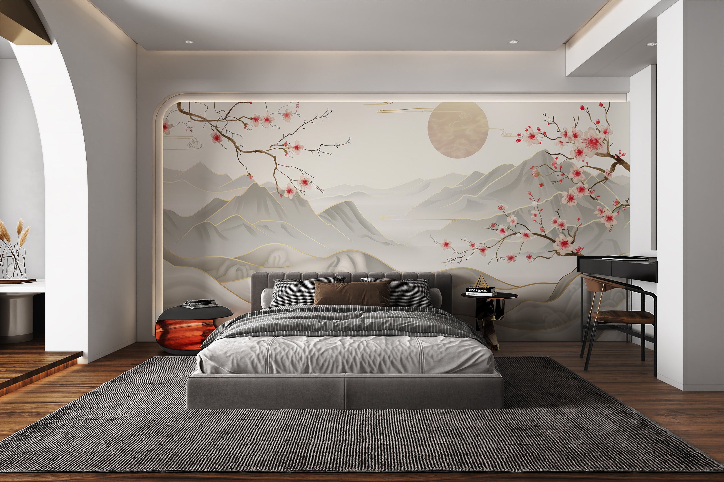 Cherry blossom landscape mural with gold accents
