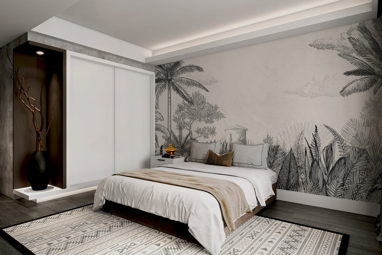 Vintage Tropical Botanical Monochrome Mural