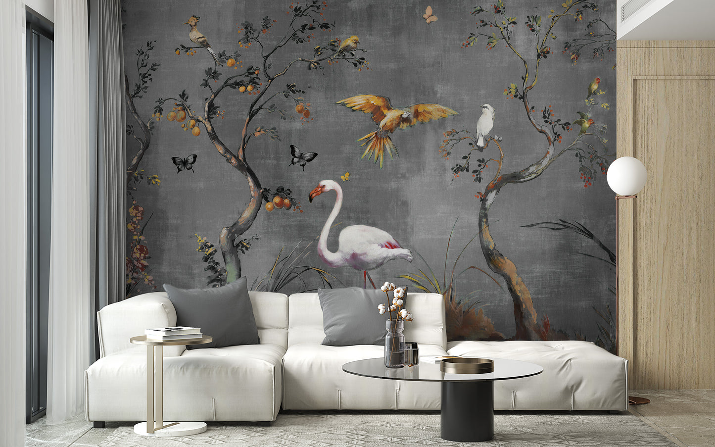 Serene wallpaper with birds and blossoms.
