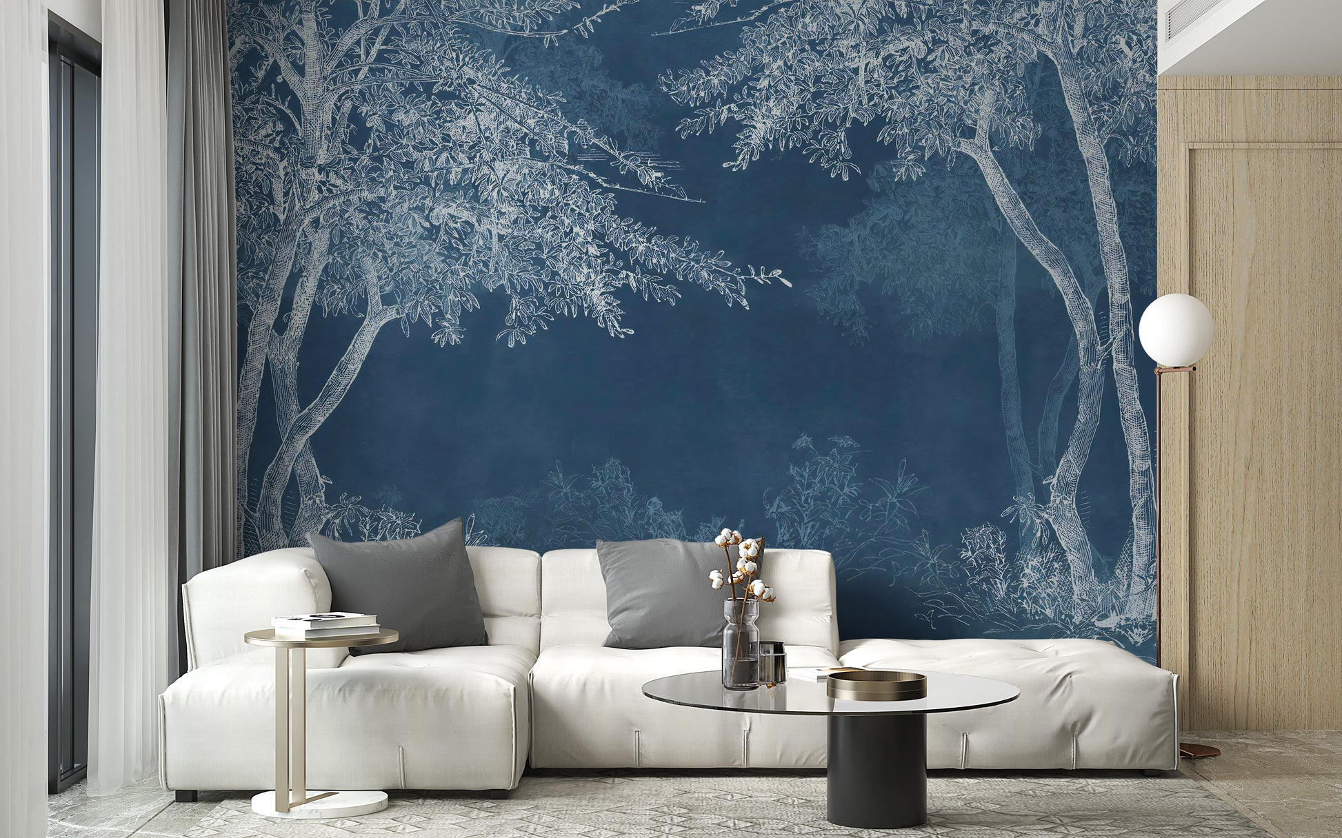 Nature-inspired indigo wallpaper with trees.
