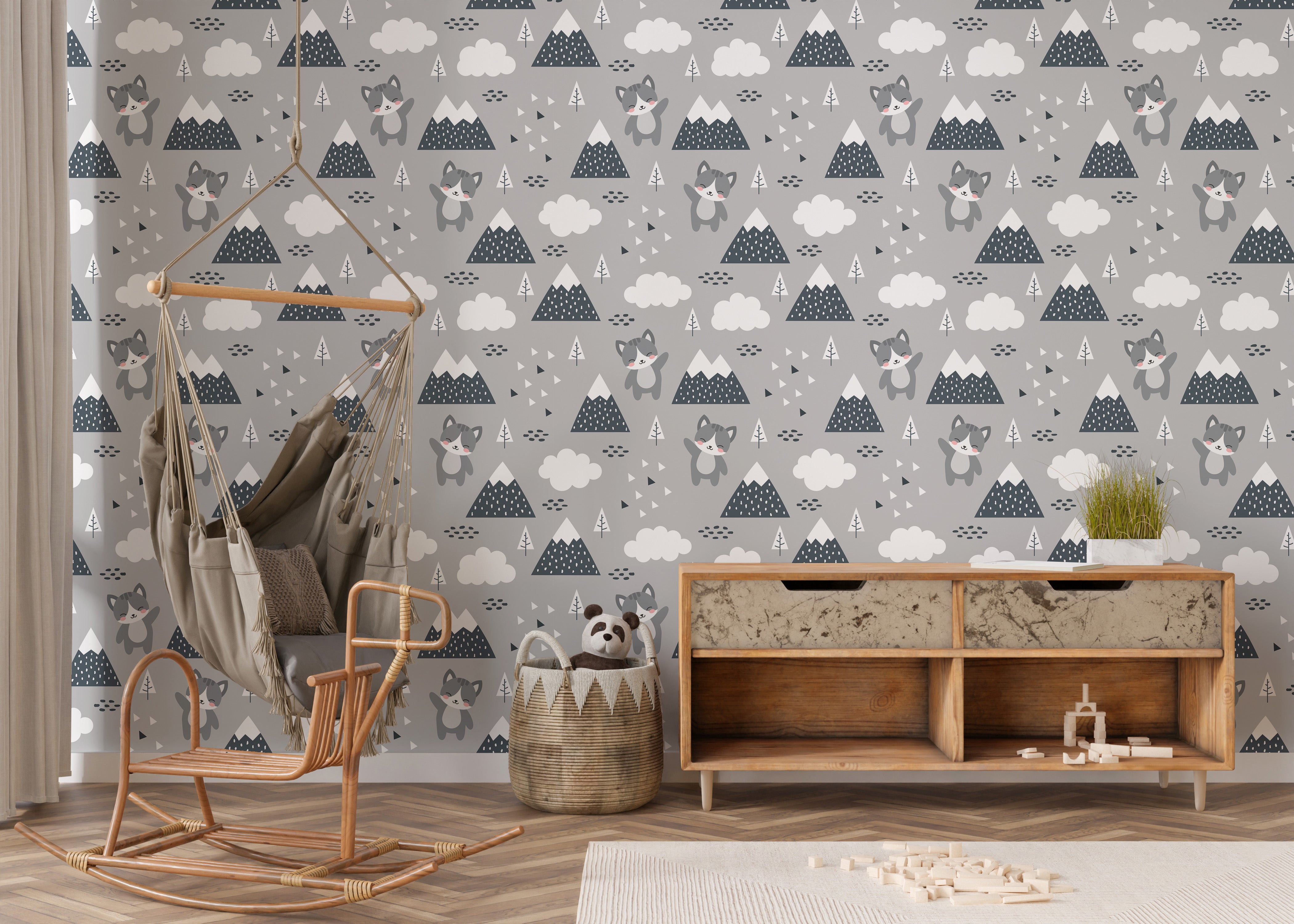 Cute kitty wallpaper mural Scandinavian style
