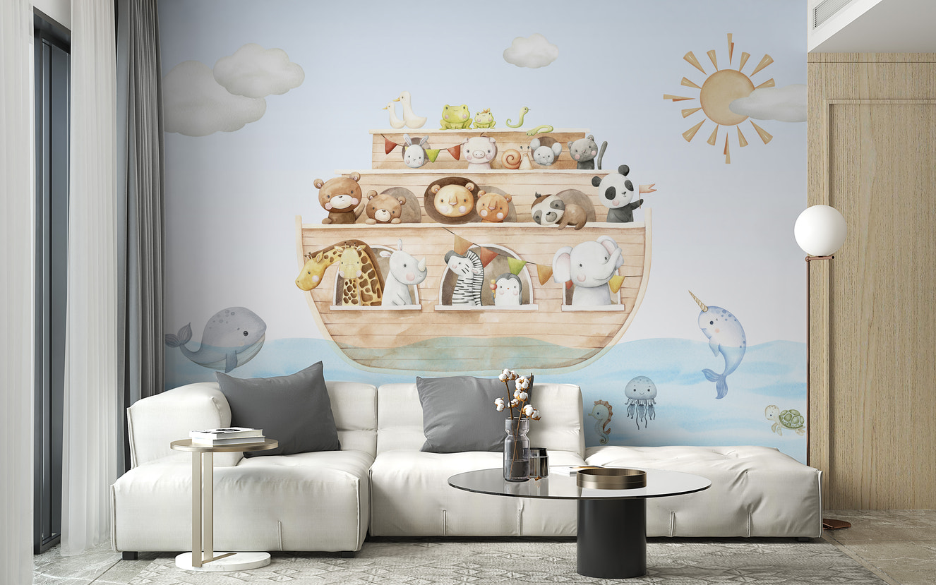 Charming wall mural featuring animals aboard an ark
