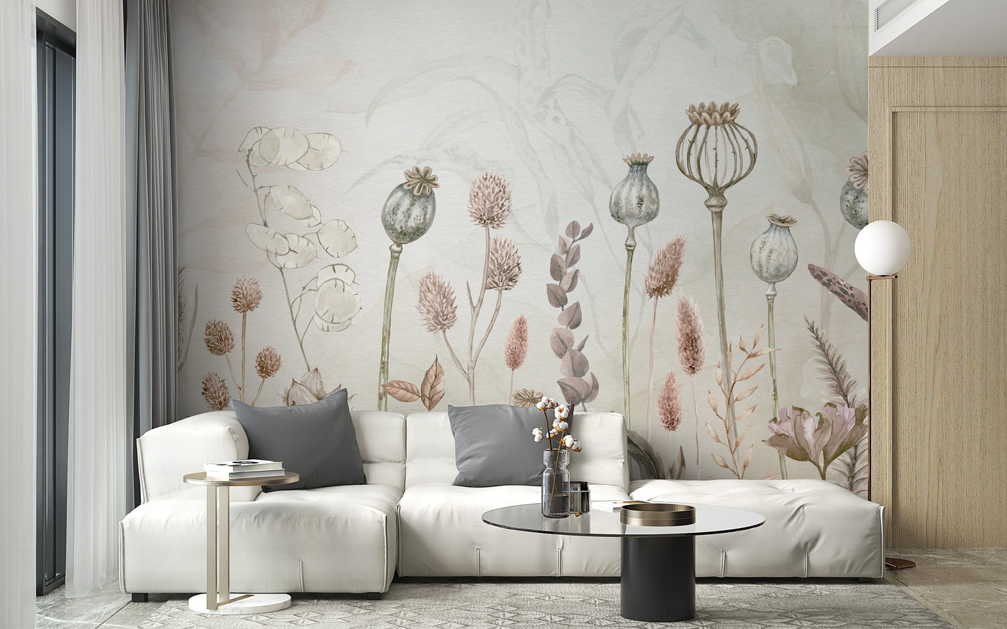 Artistic wall art featuring blooming flowers in autumn hues
