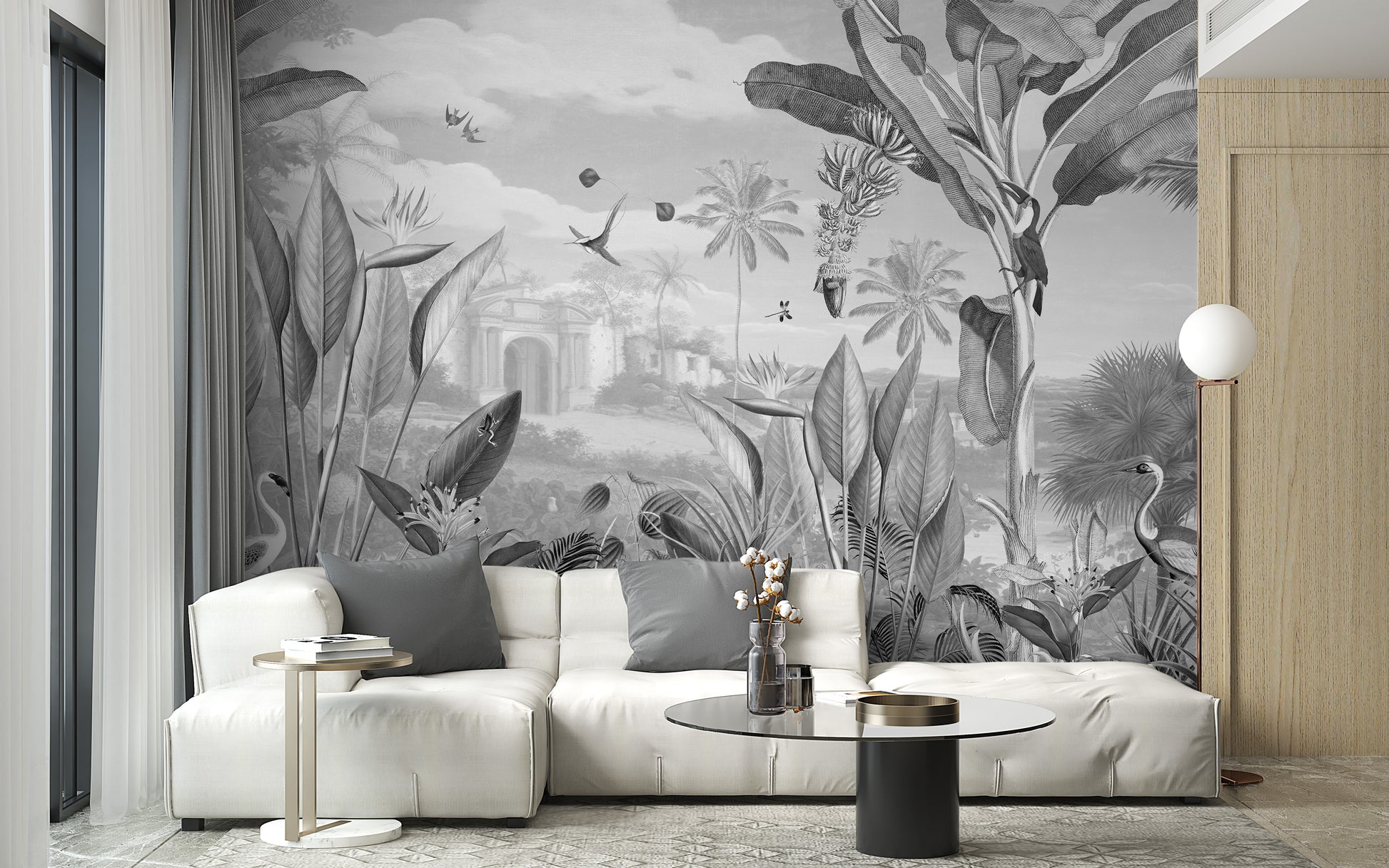 Unique mural capturing the beauty of flora in monochrome design



