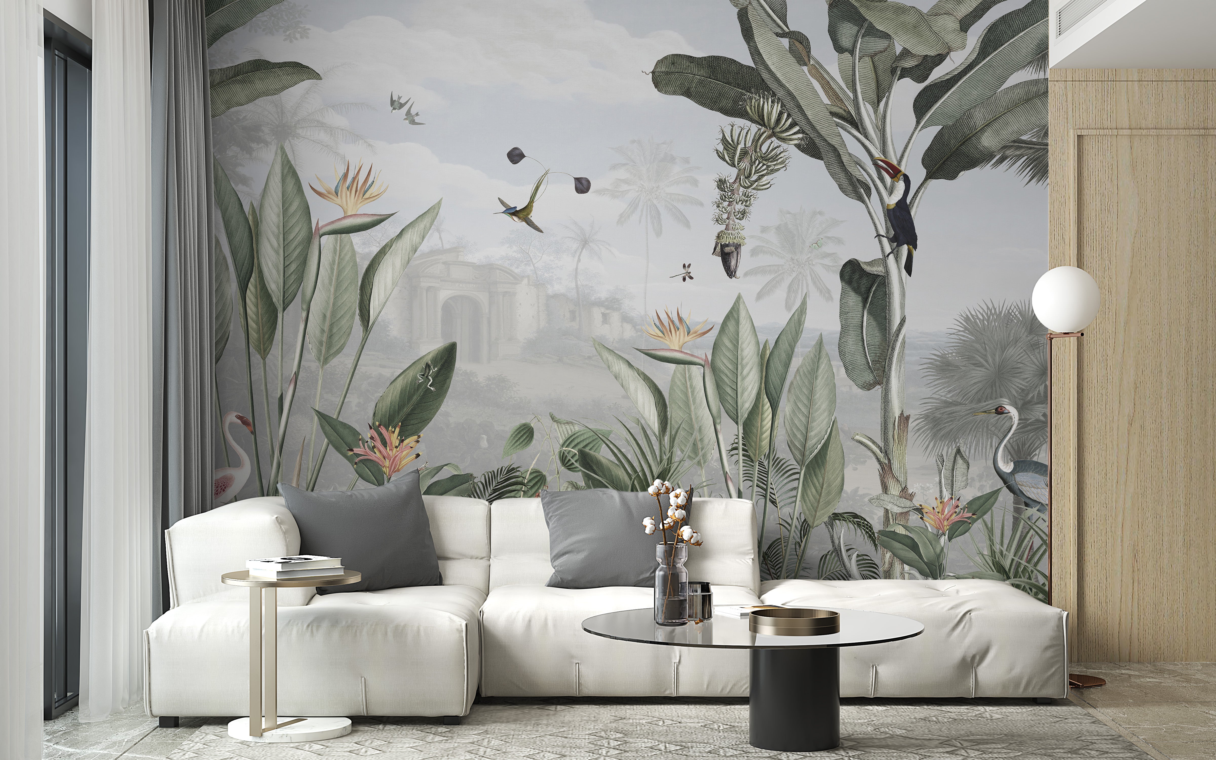 Artistic wall mural with a panoramic view of a mystical jungle
