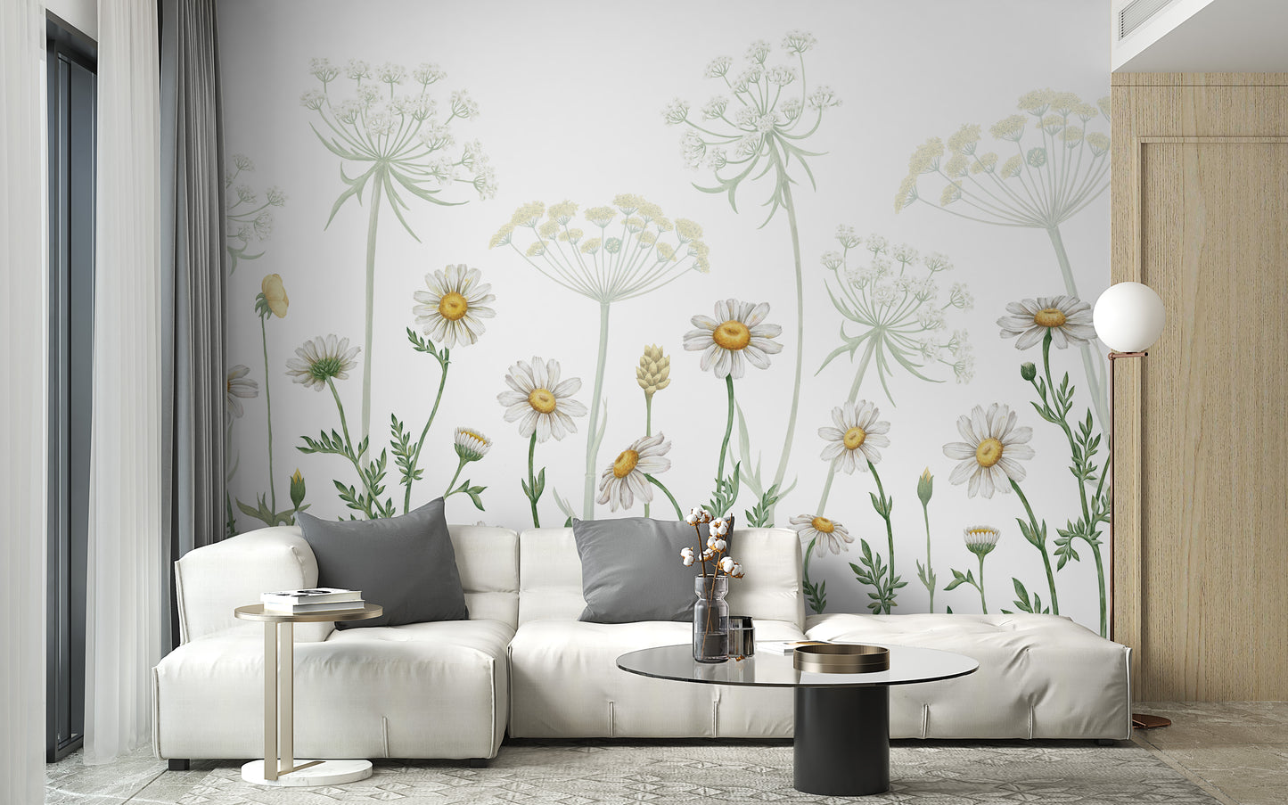 Soft floral design featuring charming white daisies.
