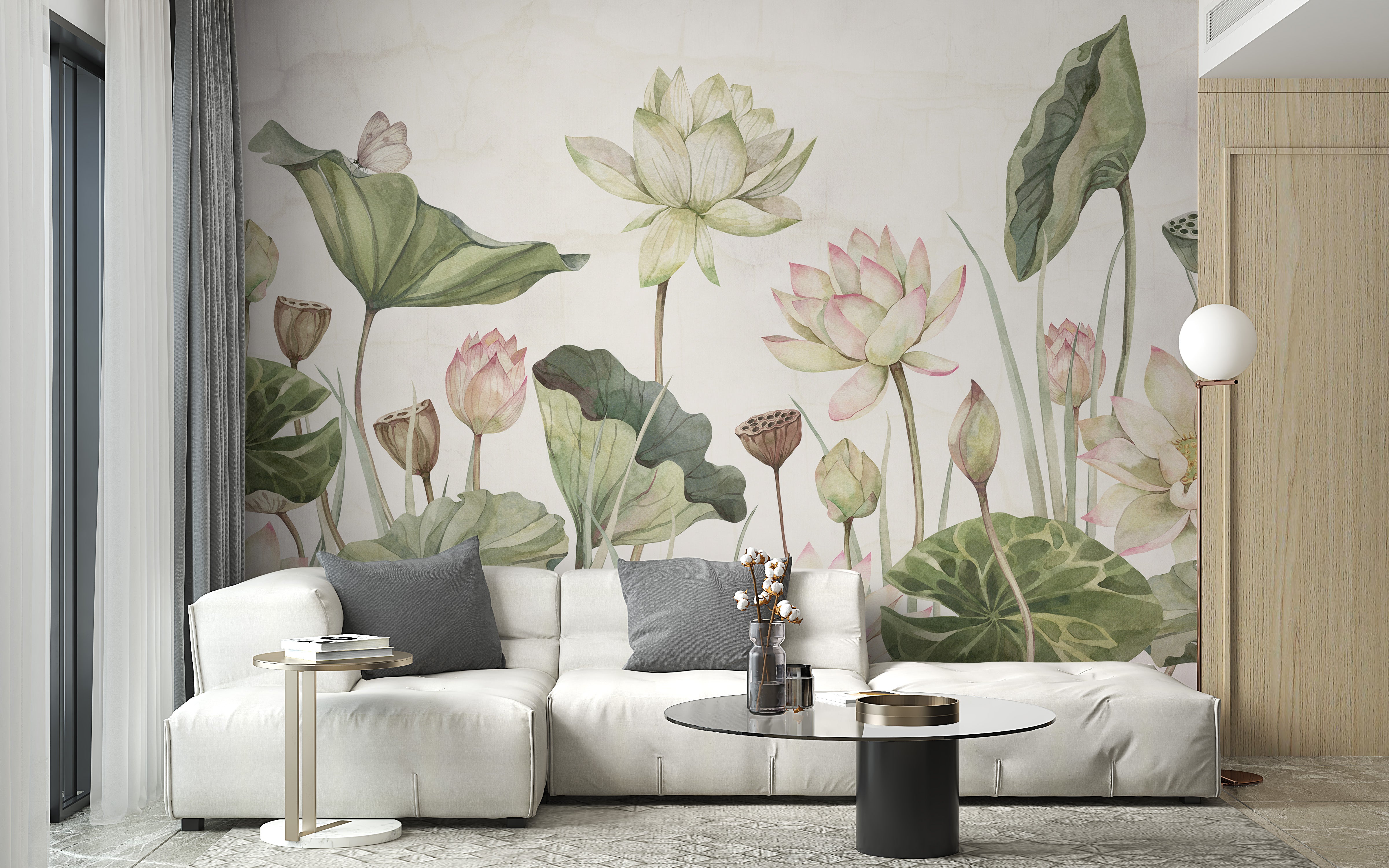 Botanical mural featuring tranquil water lily design.
