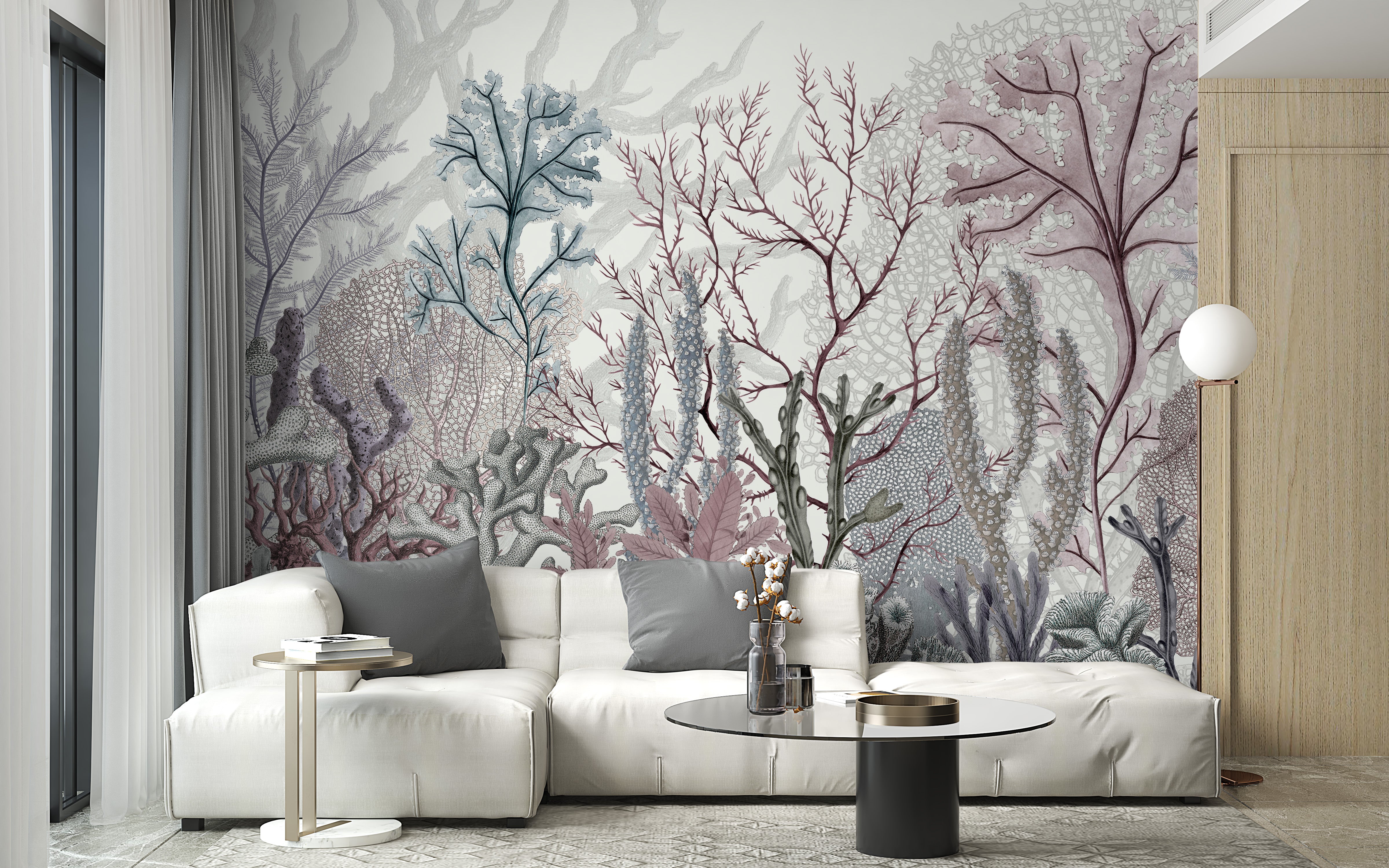 Enchanted seabed mural with underwater tapestry design.
