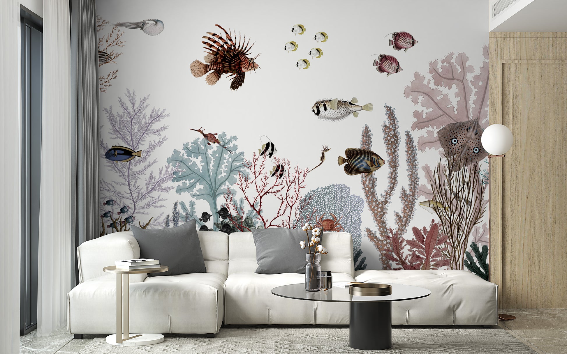 Underwater coral mural with colorful marine life details.
