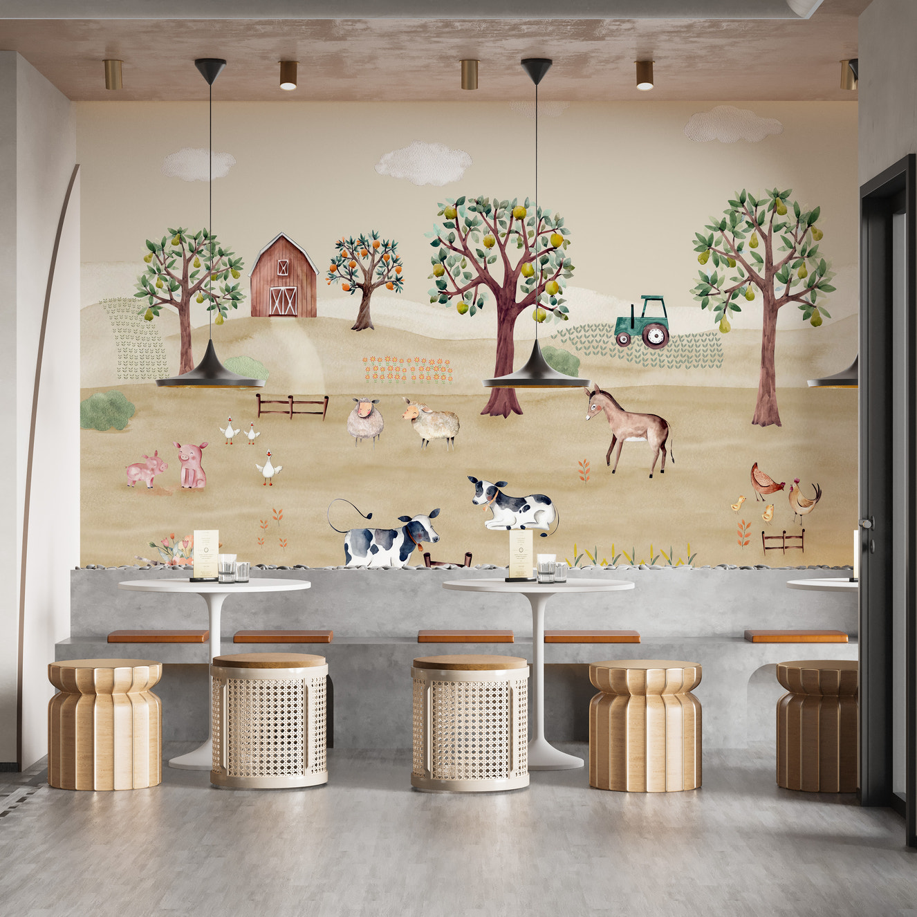 Farm life wallpaper mural with rustic countryside scene