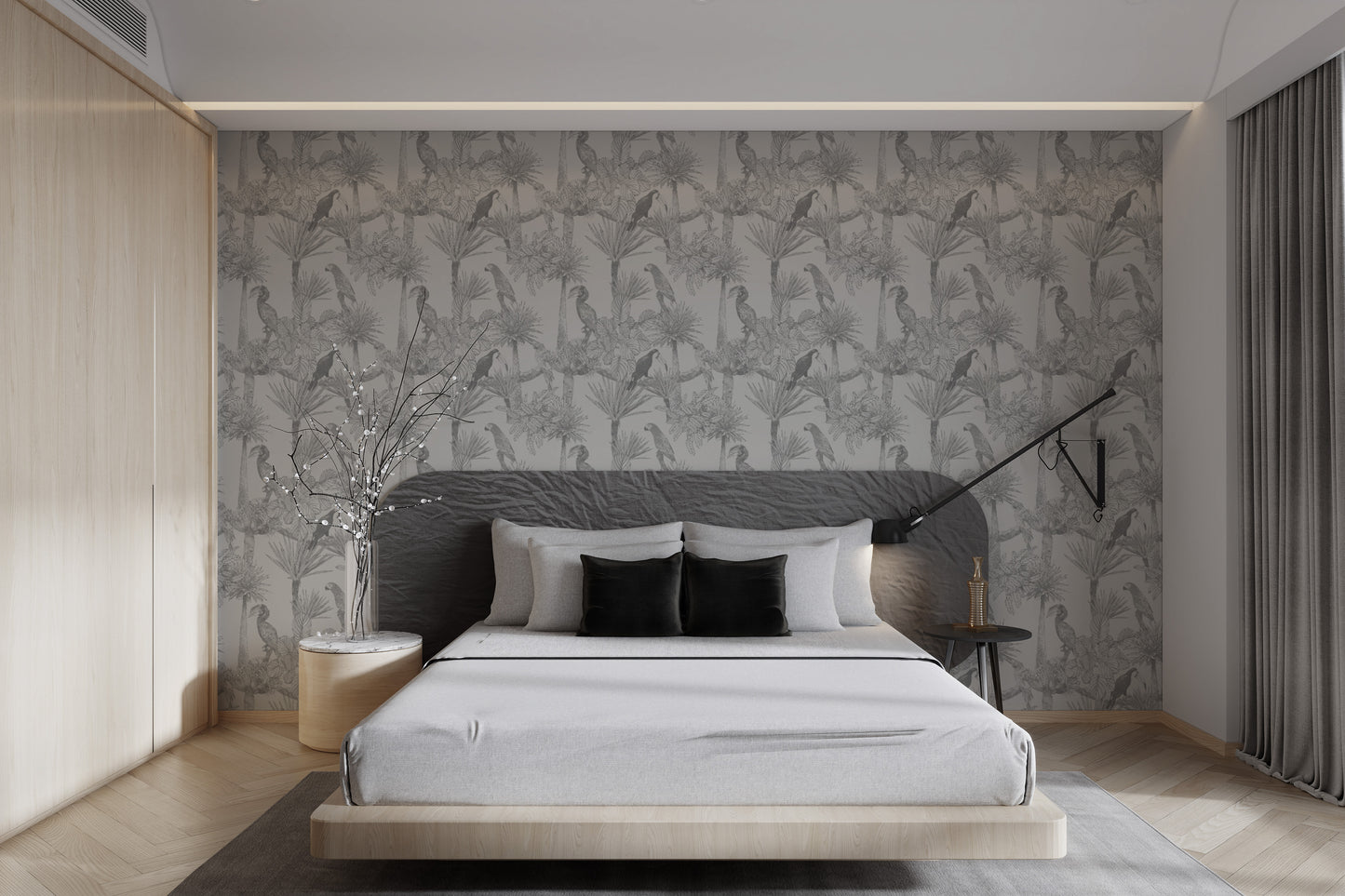 Lush paradise mural with exotic bird patterns and greenery