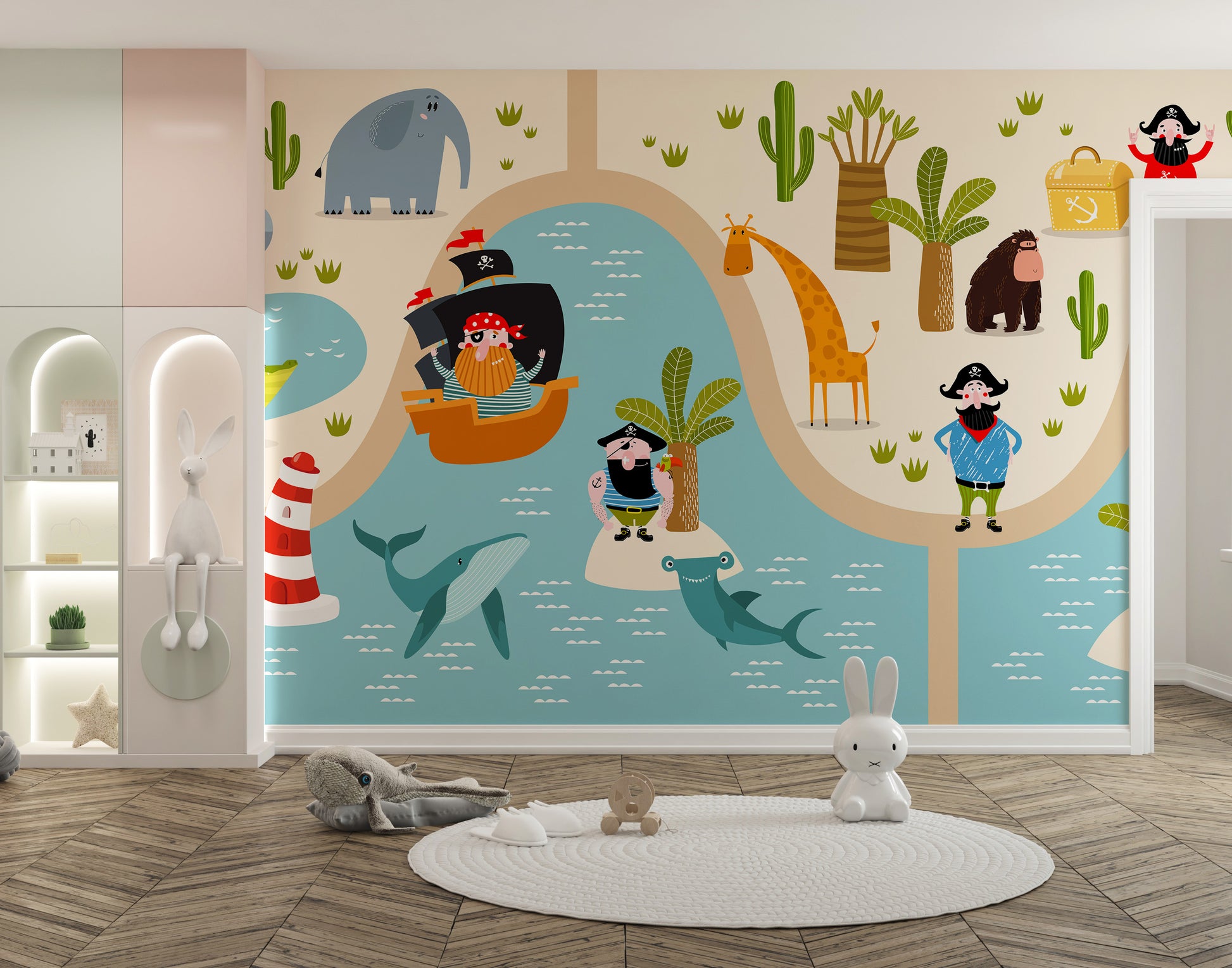 Pirate-themed mural with animals
