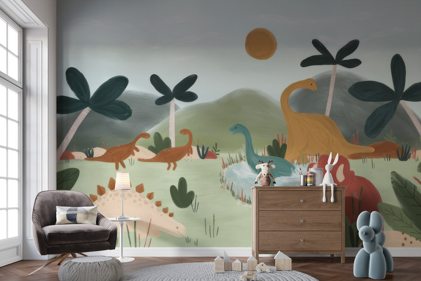 Watercolor dinosaur peel-off mural for creative kids' spaces