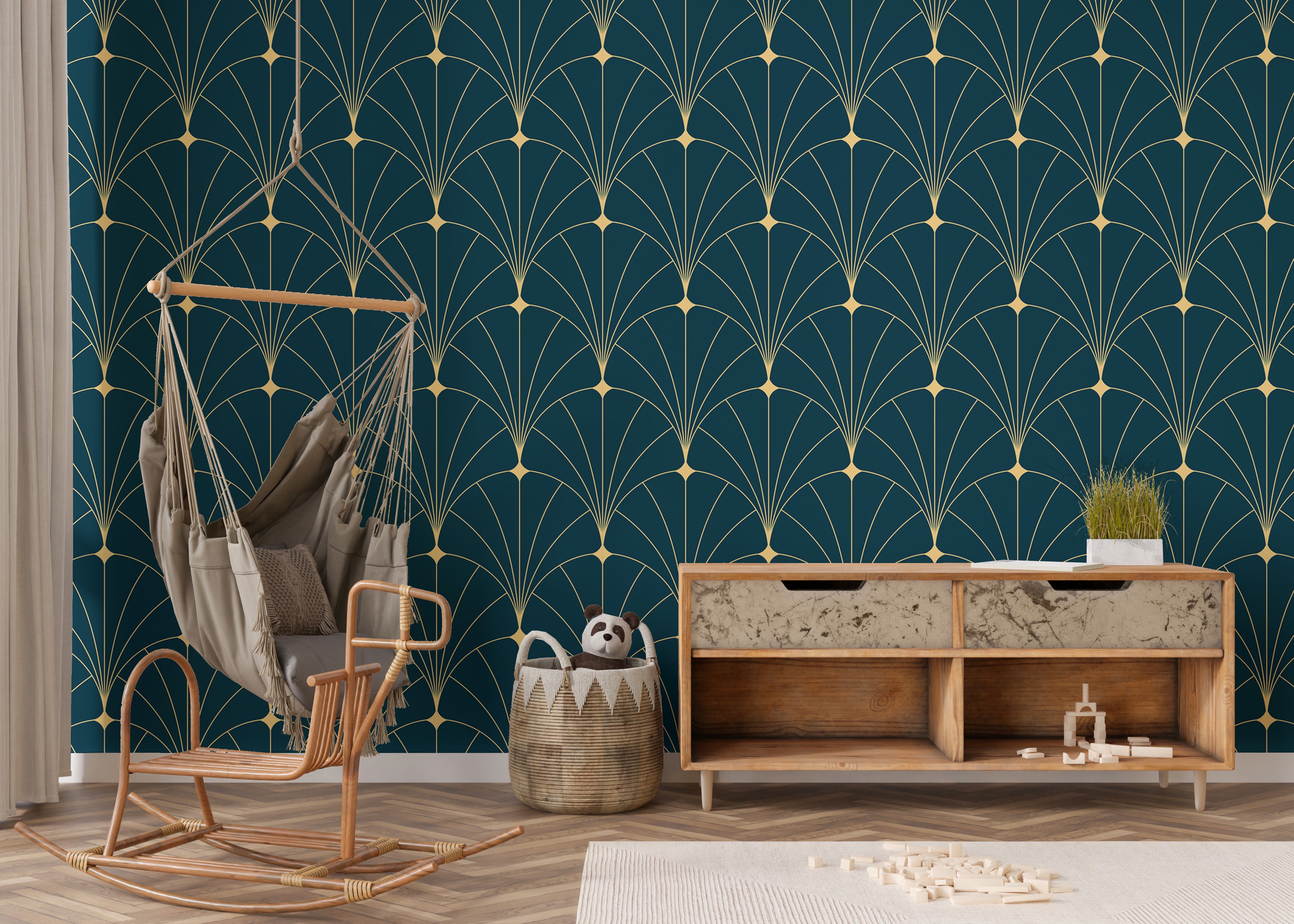 Artistic dark blue Art Deco styled wallpaper.