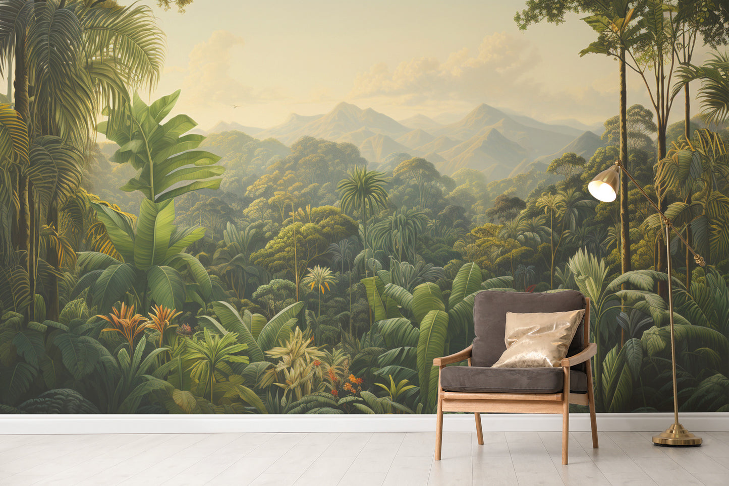 Dense green tropical rainforest wall mural for serene spaces
