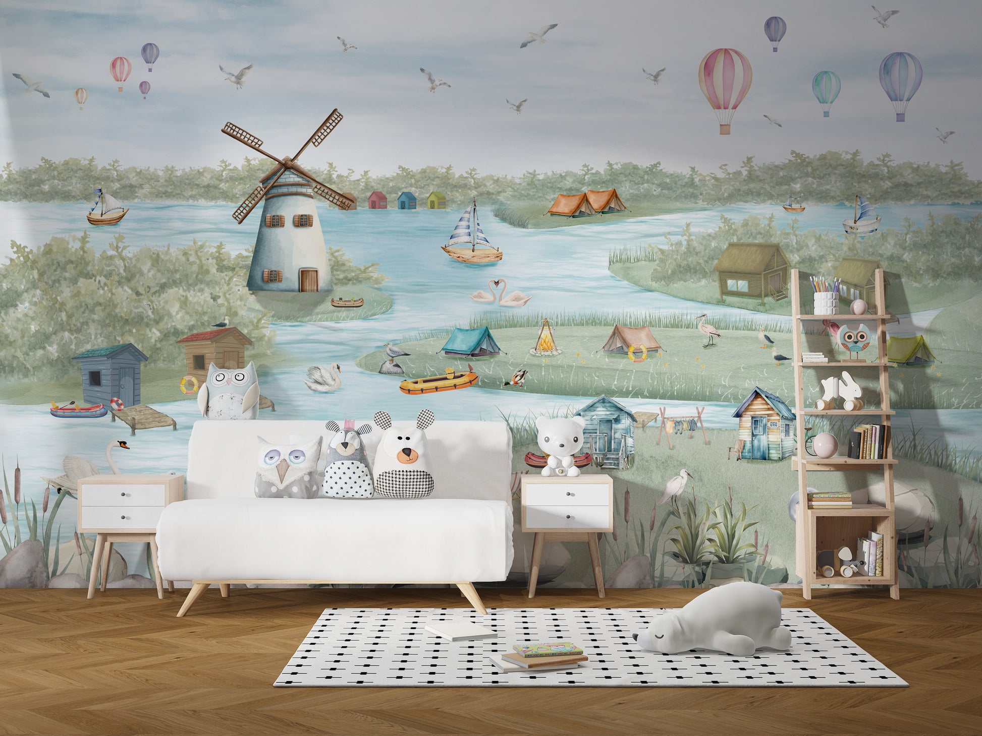 Colorful Boathouse Lakeside Wall Mural for a peaceful feel