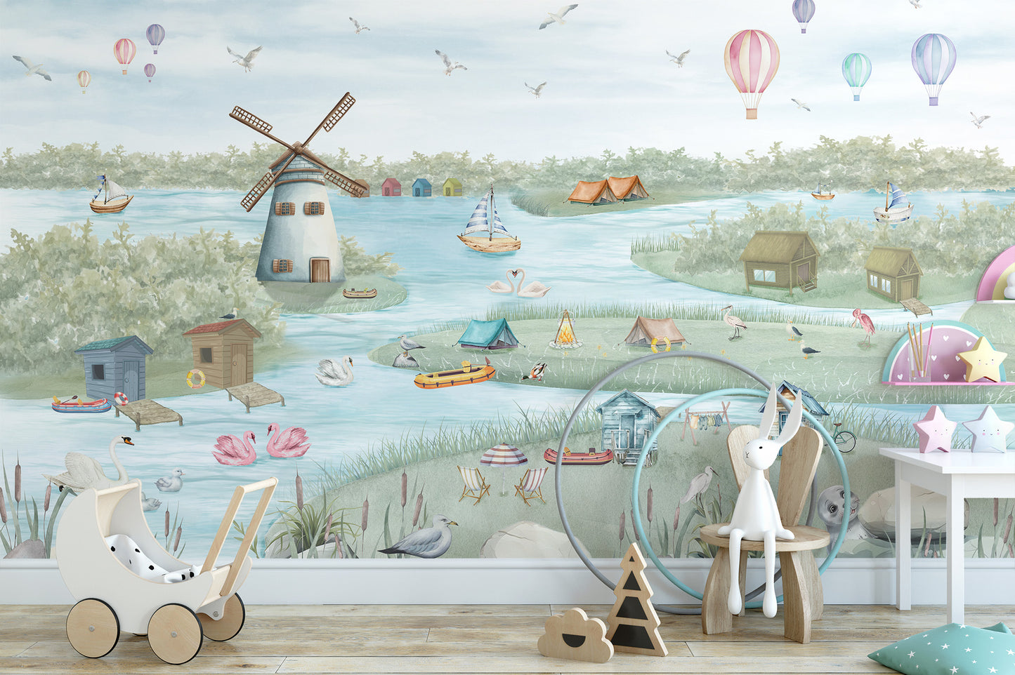 Bright and lively Colorful Boathouse Lakeside Wall Mural