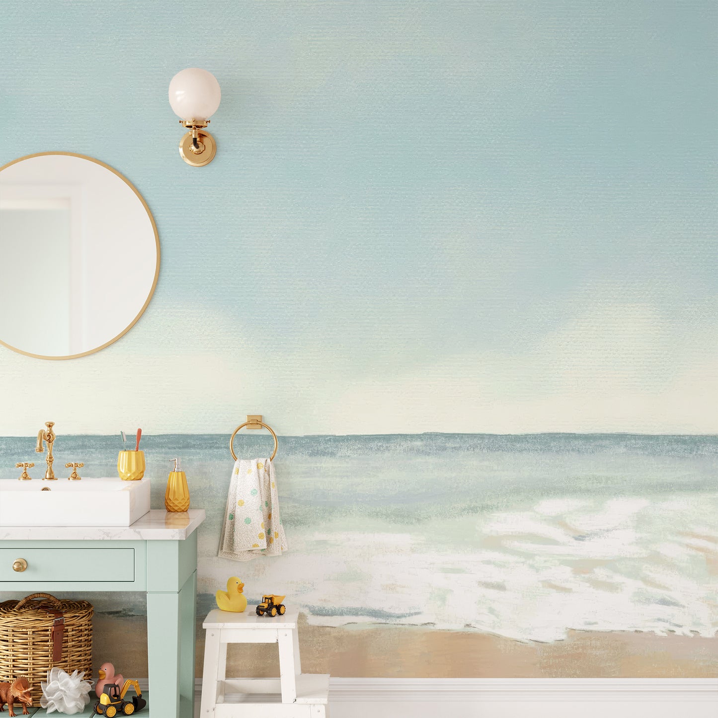 Watercolor beach wallpaper mural with soft ocean hues
