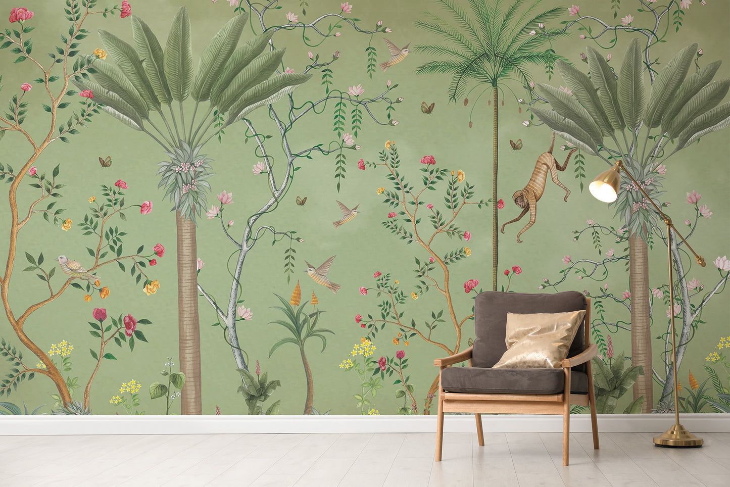 Tropical green chinoiserie wallpaper for exotic room design
