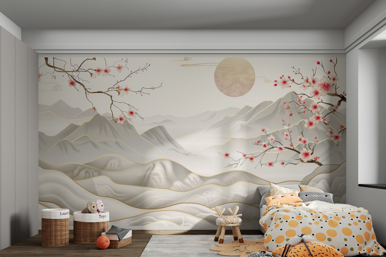 Luxury oriental mountain wallpaper with cherry blossoms
