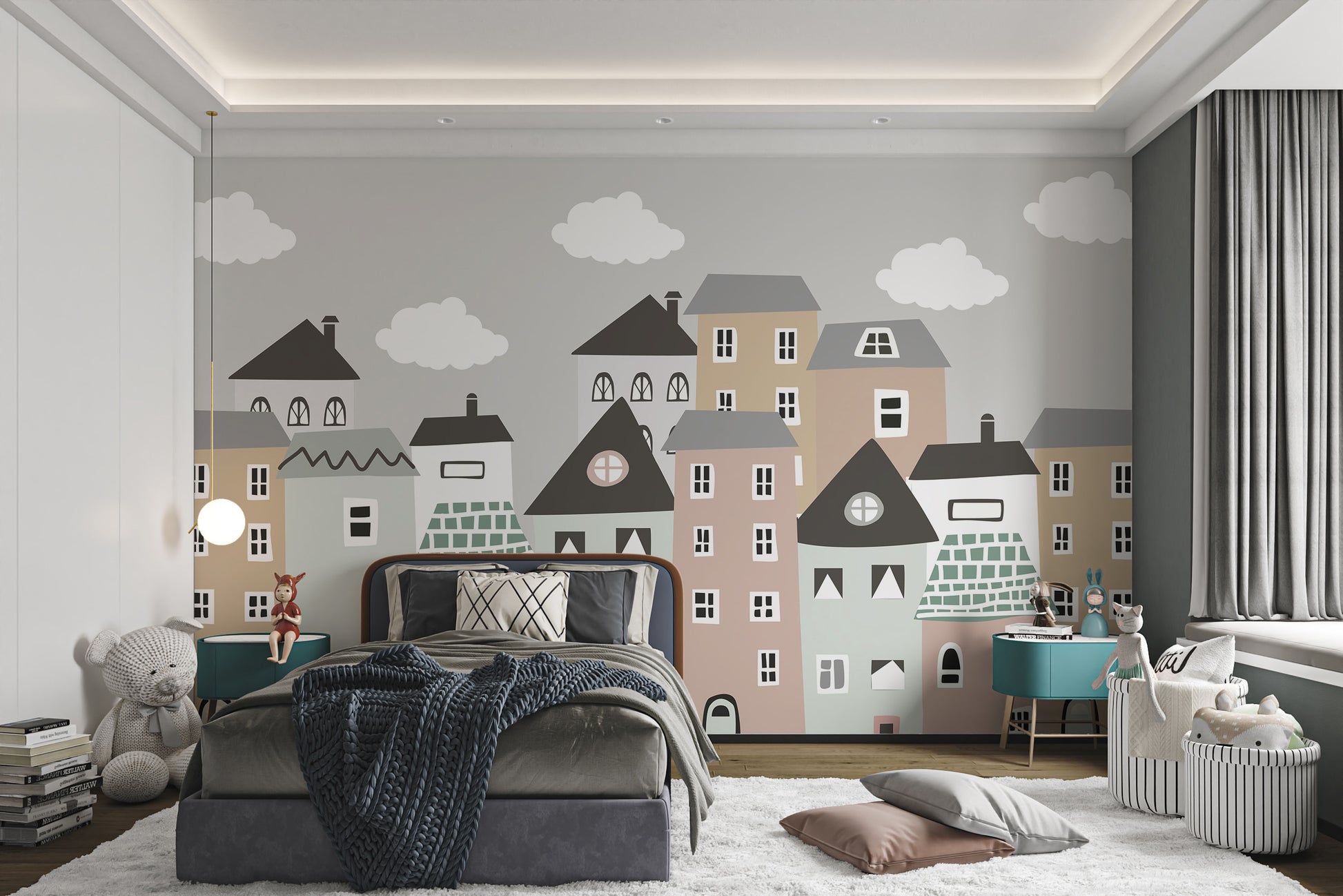 Cute mural with colorful whimsical houses for kids