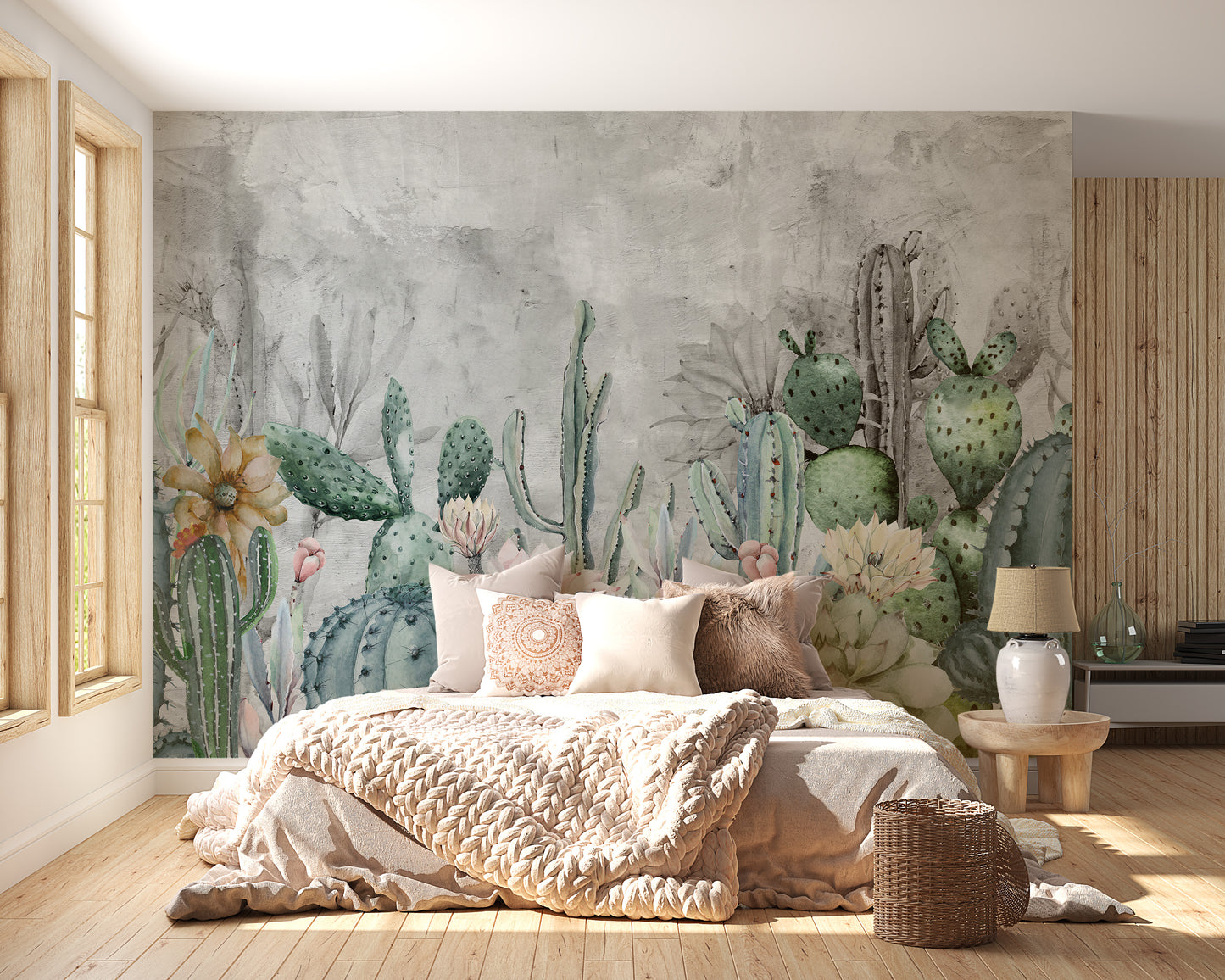 Serene desert cactus mural