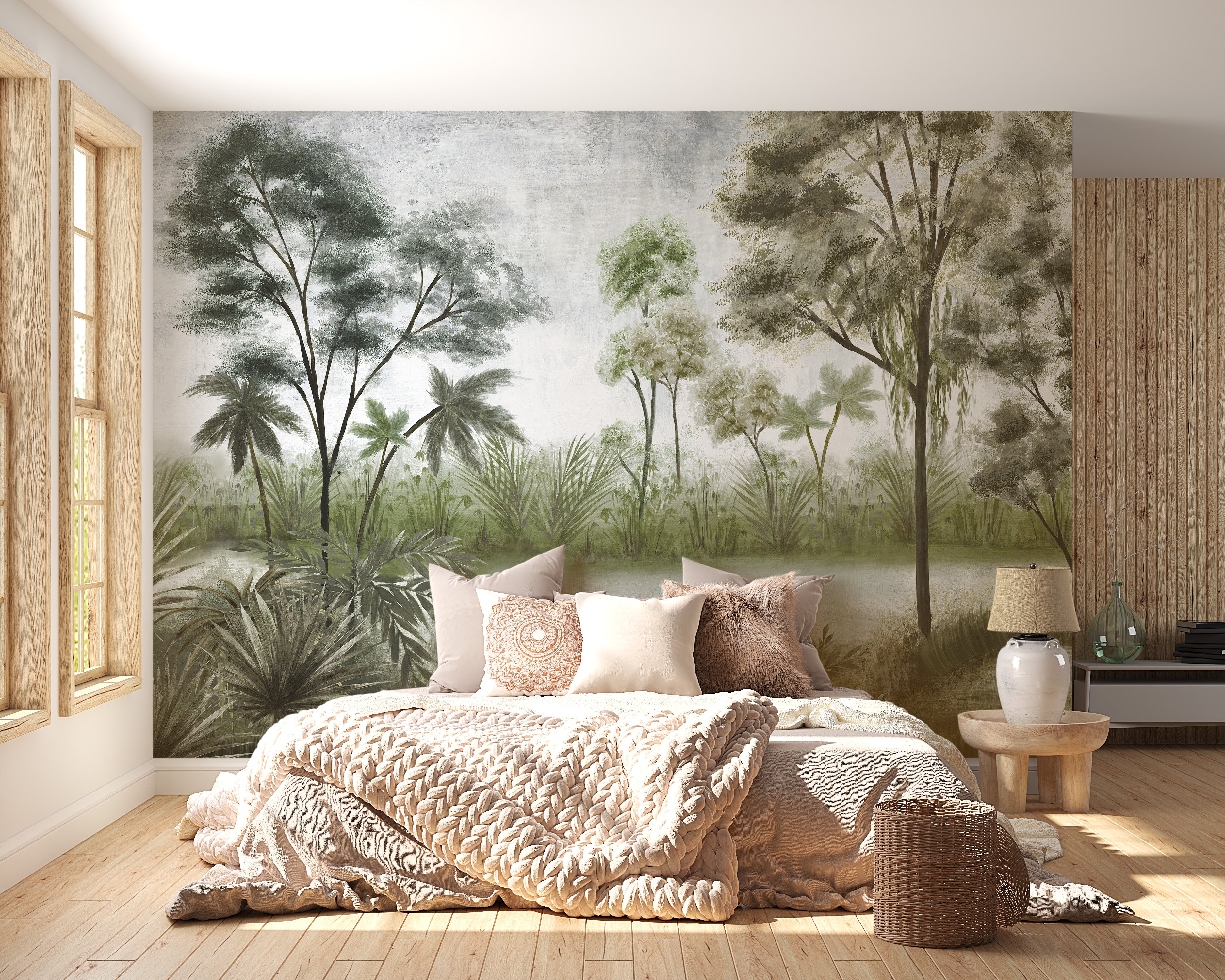 Ethereal misty trees mural