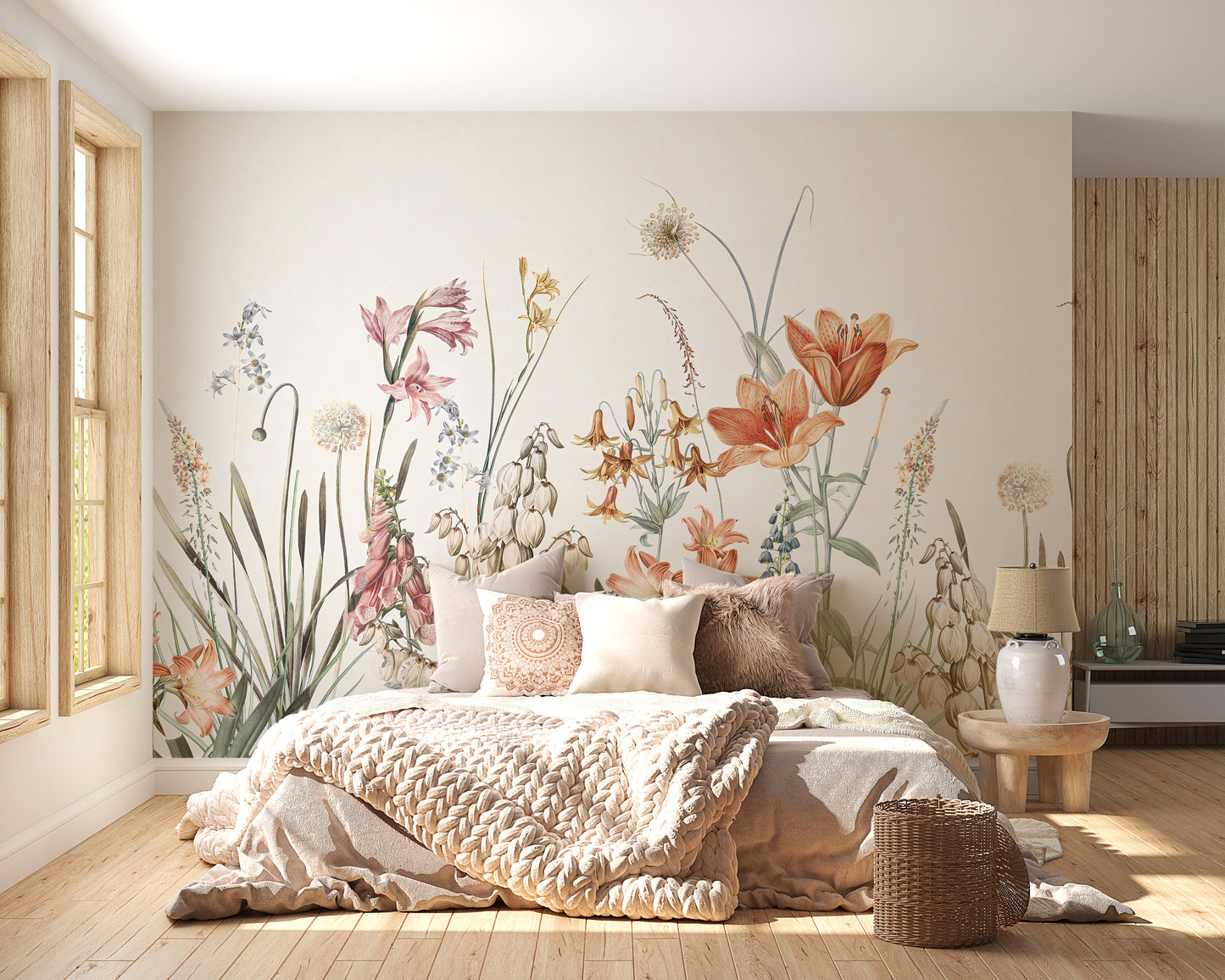 Multicolor flowers on beige wallpaper