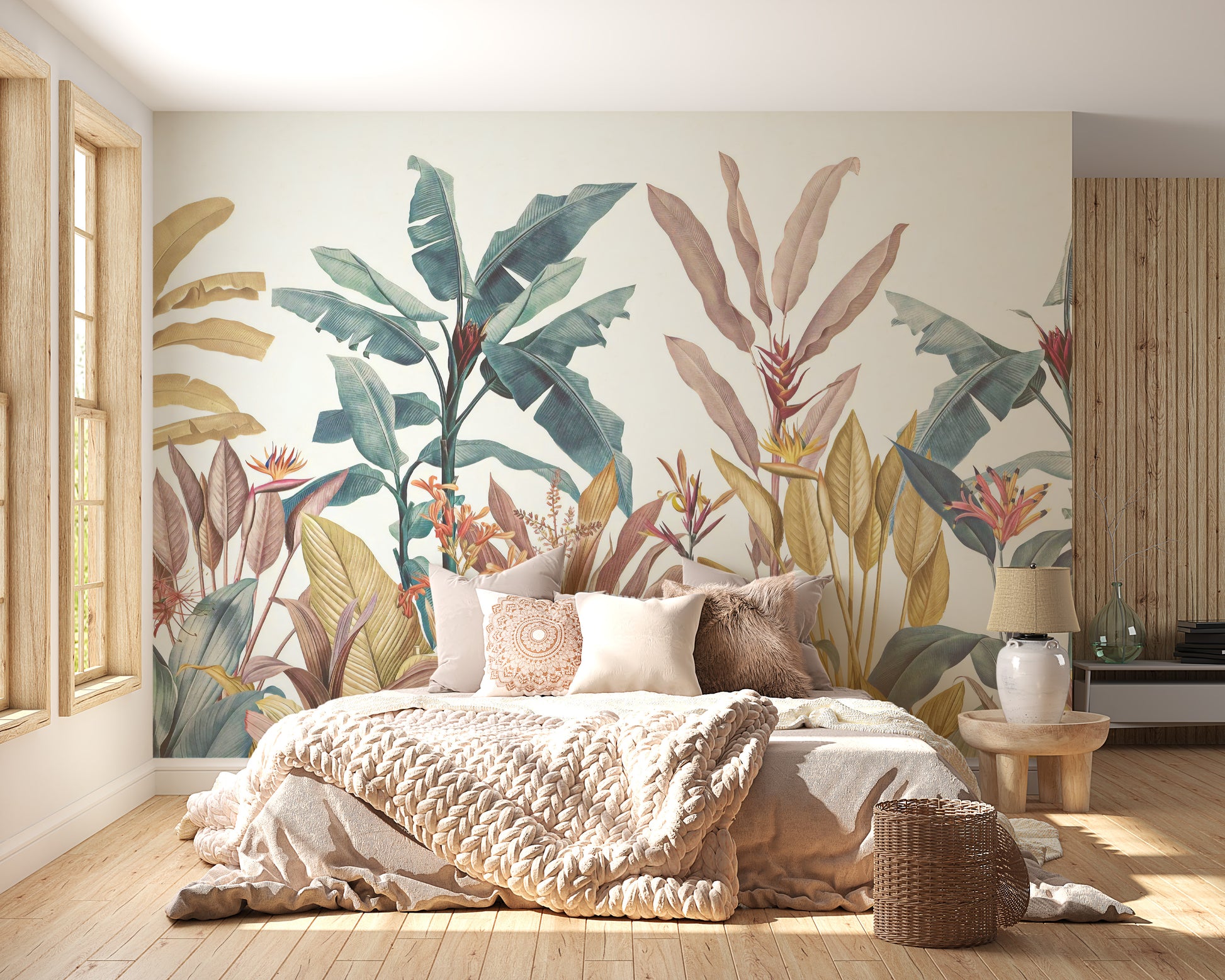 Vibrant tropical wallpaper with pink details
