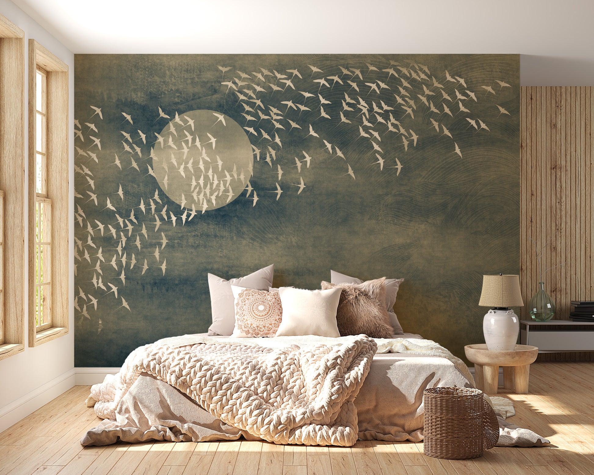 Golden bird-themed black wallpaper mural.
