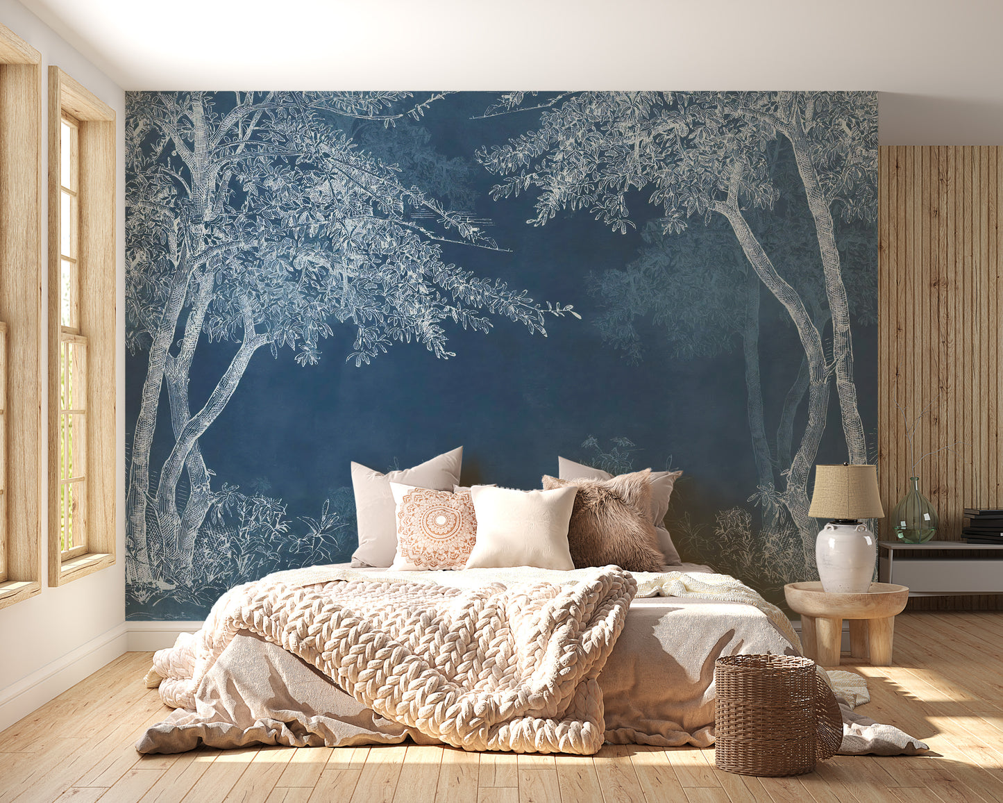 Wilderness mural with indigo forest scenery.
