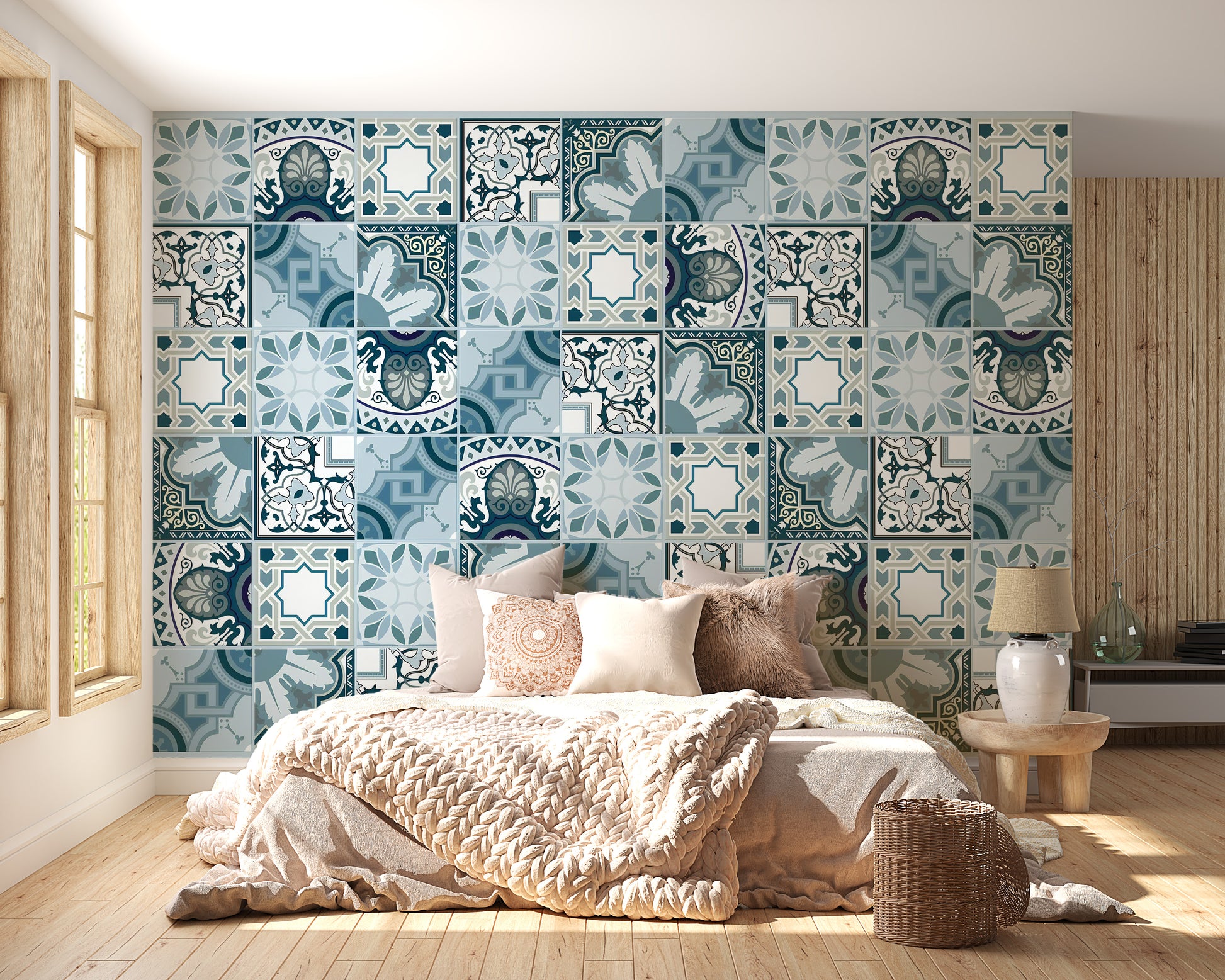 Artistic blue tile mural for wall decor.
