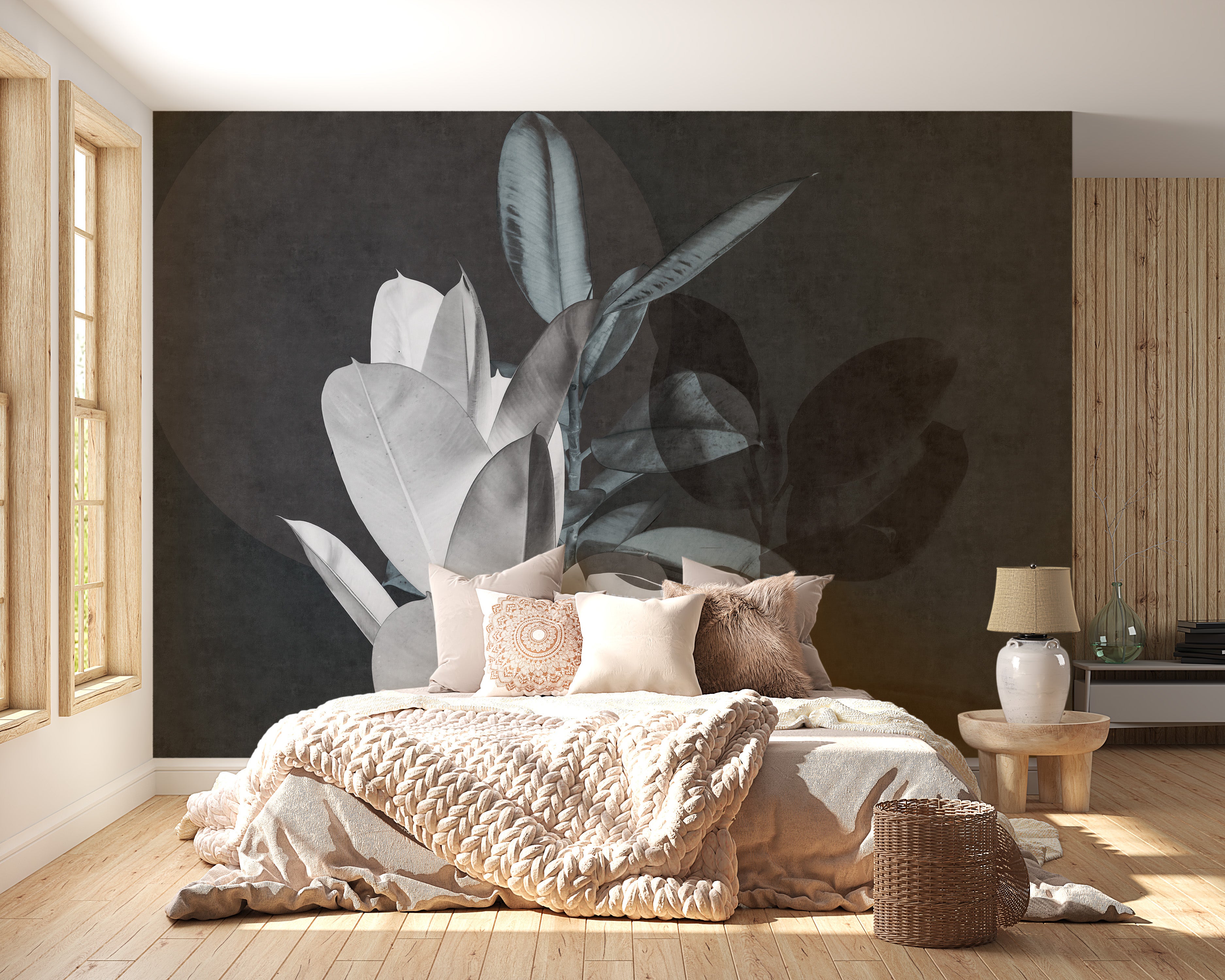 Minimalist leaf art mural in dark tones.
