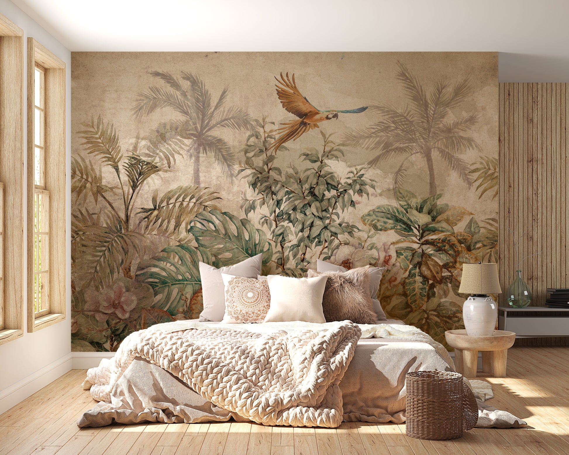 Vintage tropical leaves mural with parrot.
