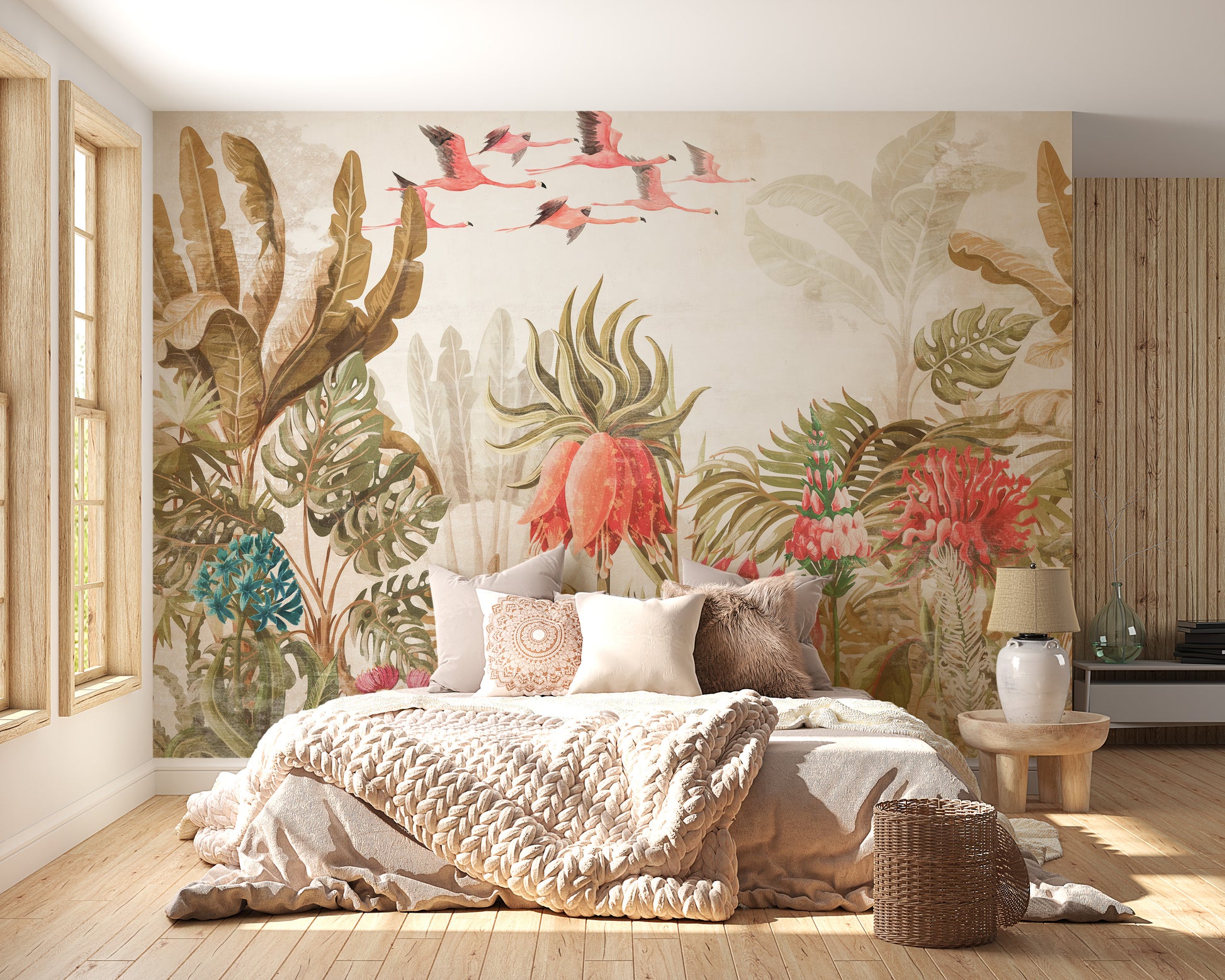 Tropical wallpaper mural with vibrant flora.
