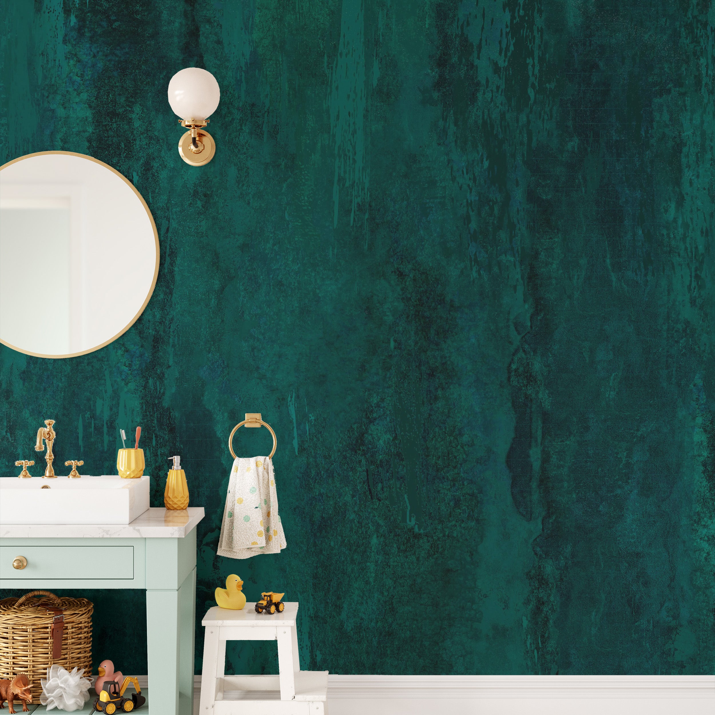 Distressed green grunge mural for an edgy wall design.
