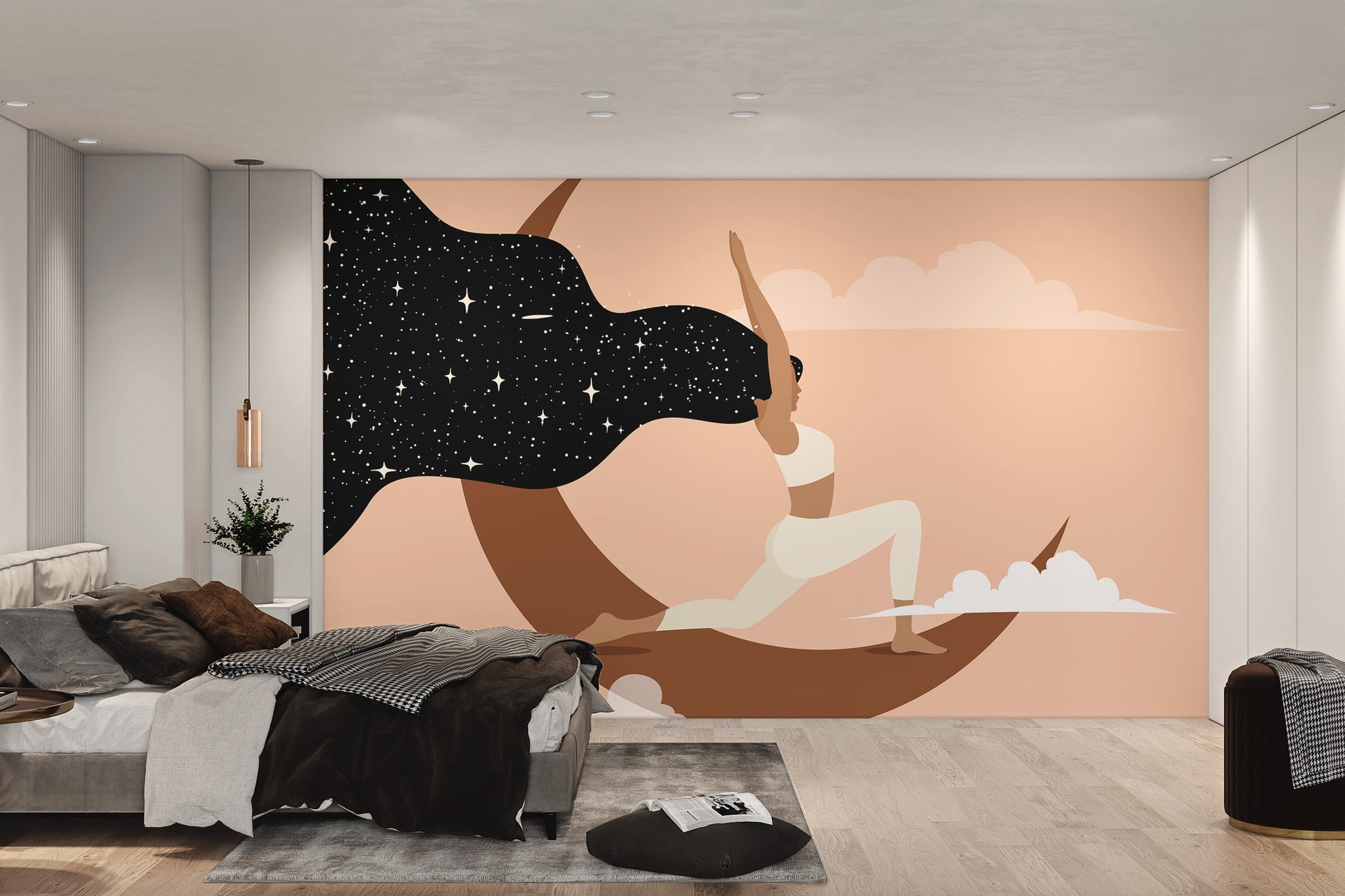 Yoga pose mural inspired by serene moonlit nights