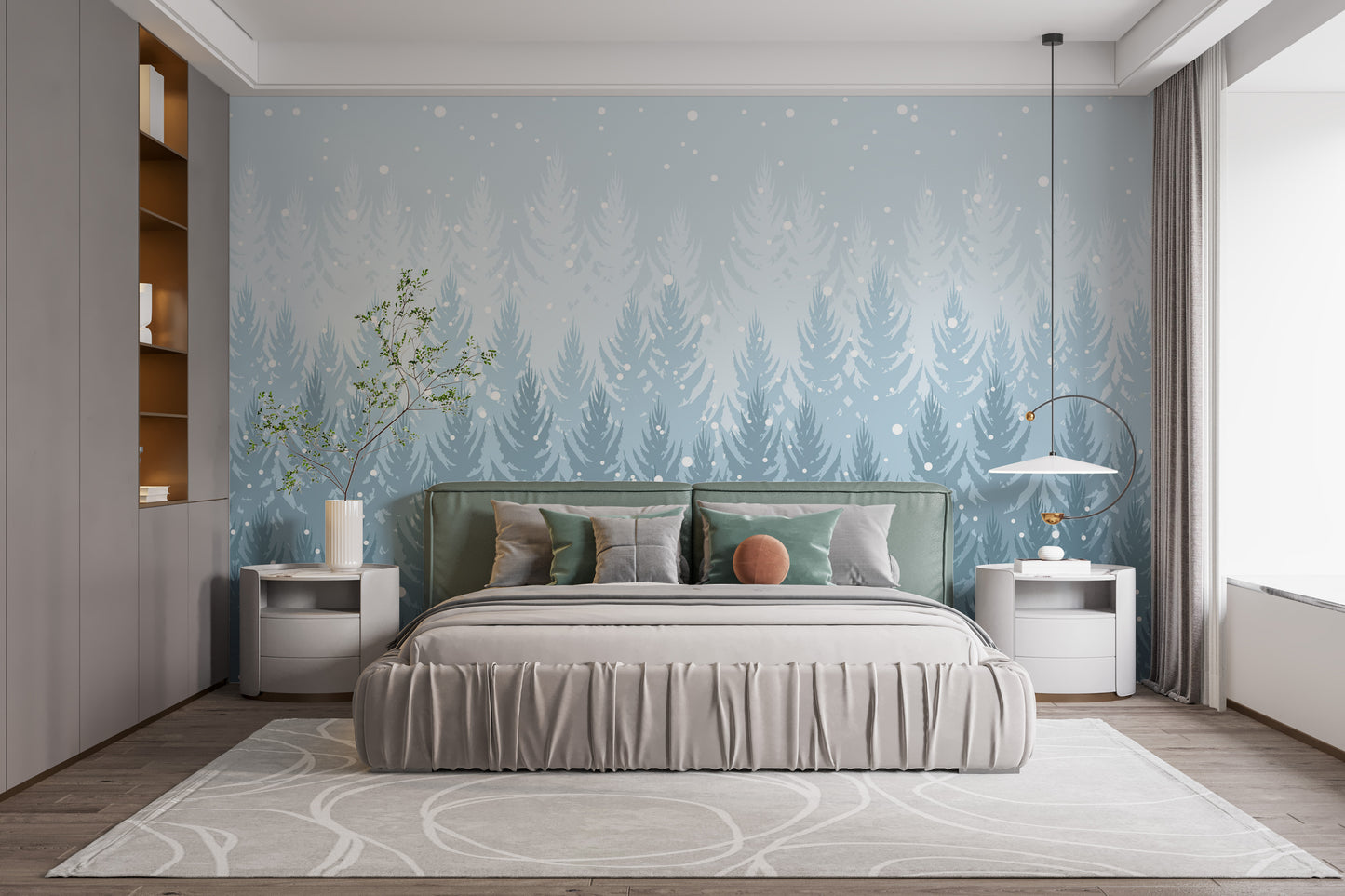 Wintery tropical forest mural with green tones
