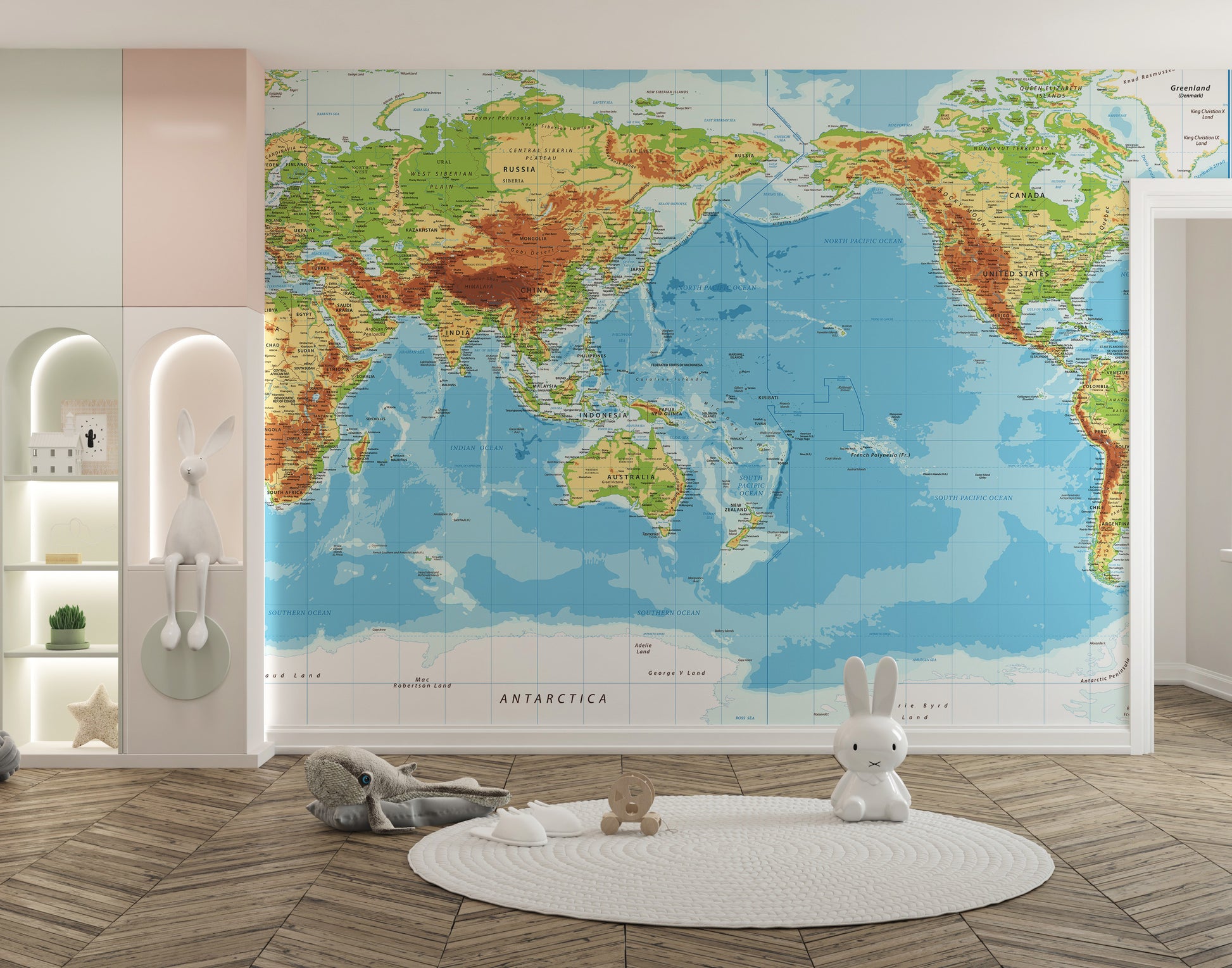 Pacific-themed mural featuring global maps
