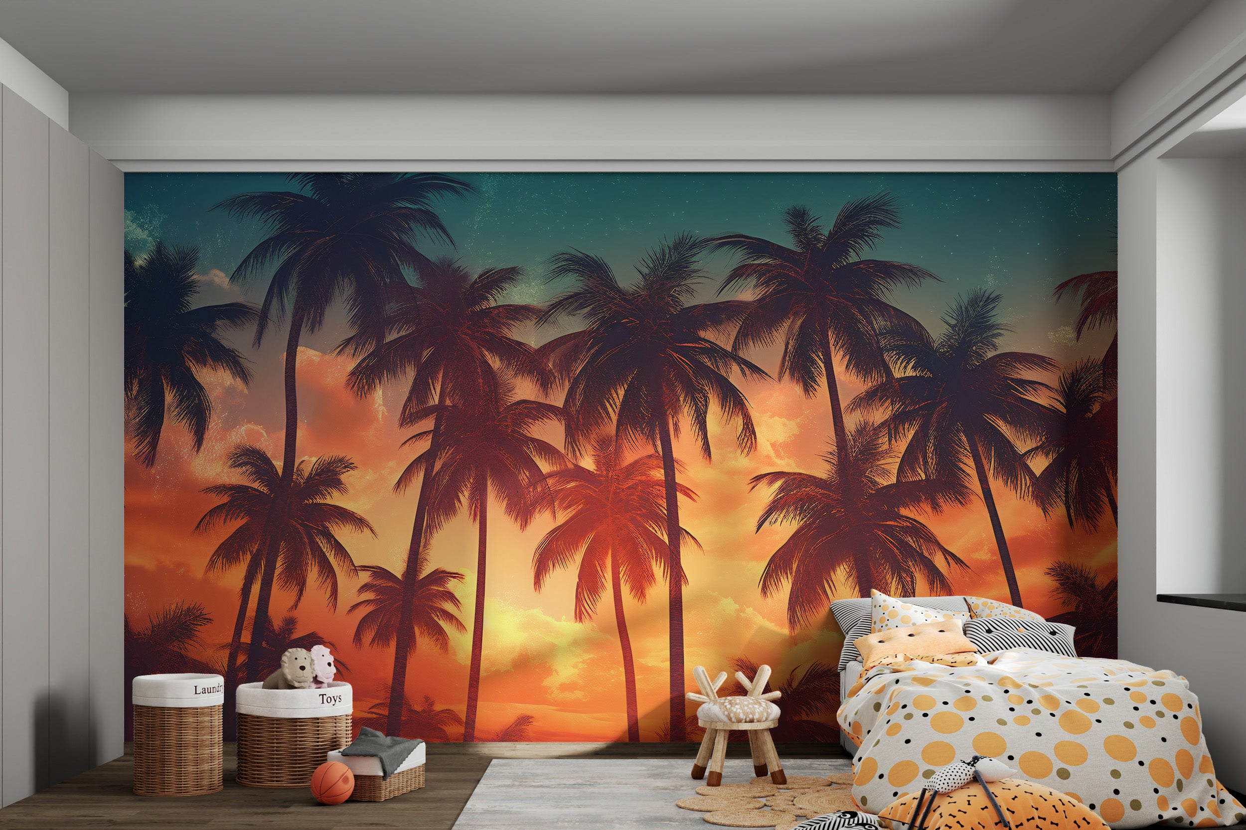 Serene coastal palm tree wallpaper with sunset glow
