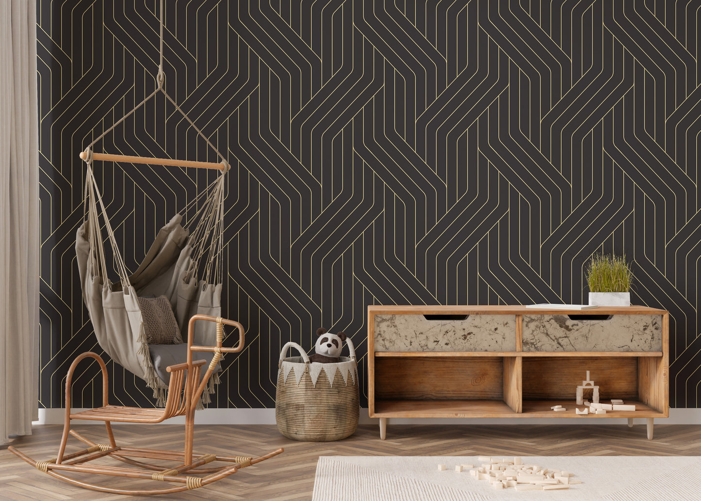 Gold and black ornate wallpaper with lines.