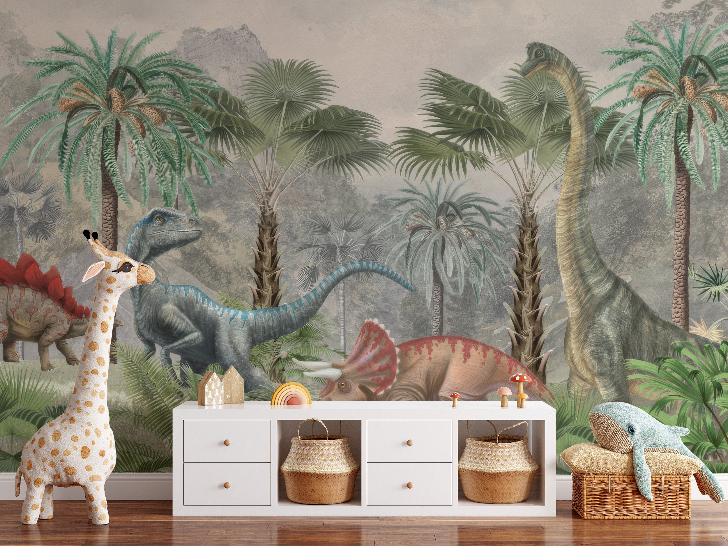 Kids' dinosaur fantasy mural for fun and lively wall accents